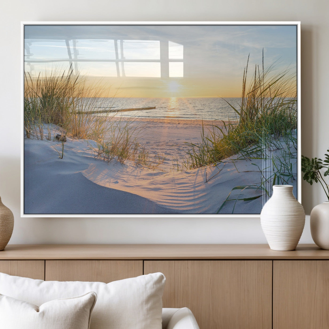48907-MGV-FP-60X30-3P_White-Beach Sunset Wall Art – Coastal Sand Dunes and Ocean View Canvas Print, Serene Seaside Landscape Painting for Living Room, Bedroom