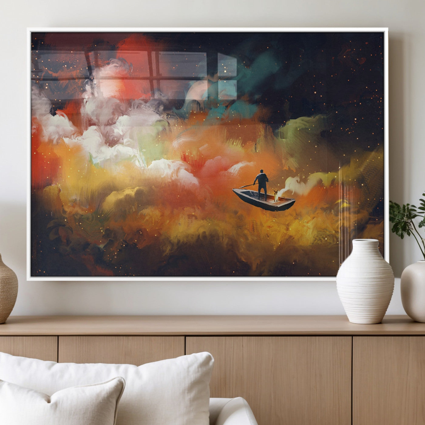 45085-MGV-FP-36X24-3P_White-Surreal Cosmic Wall Art – Abstract Galaxy Dreamscape Canvas Print with Man and Dog in Boat, Fantasy Nebula Painting for Living