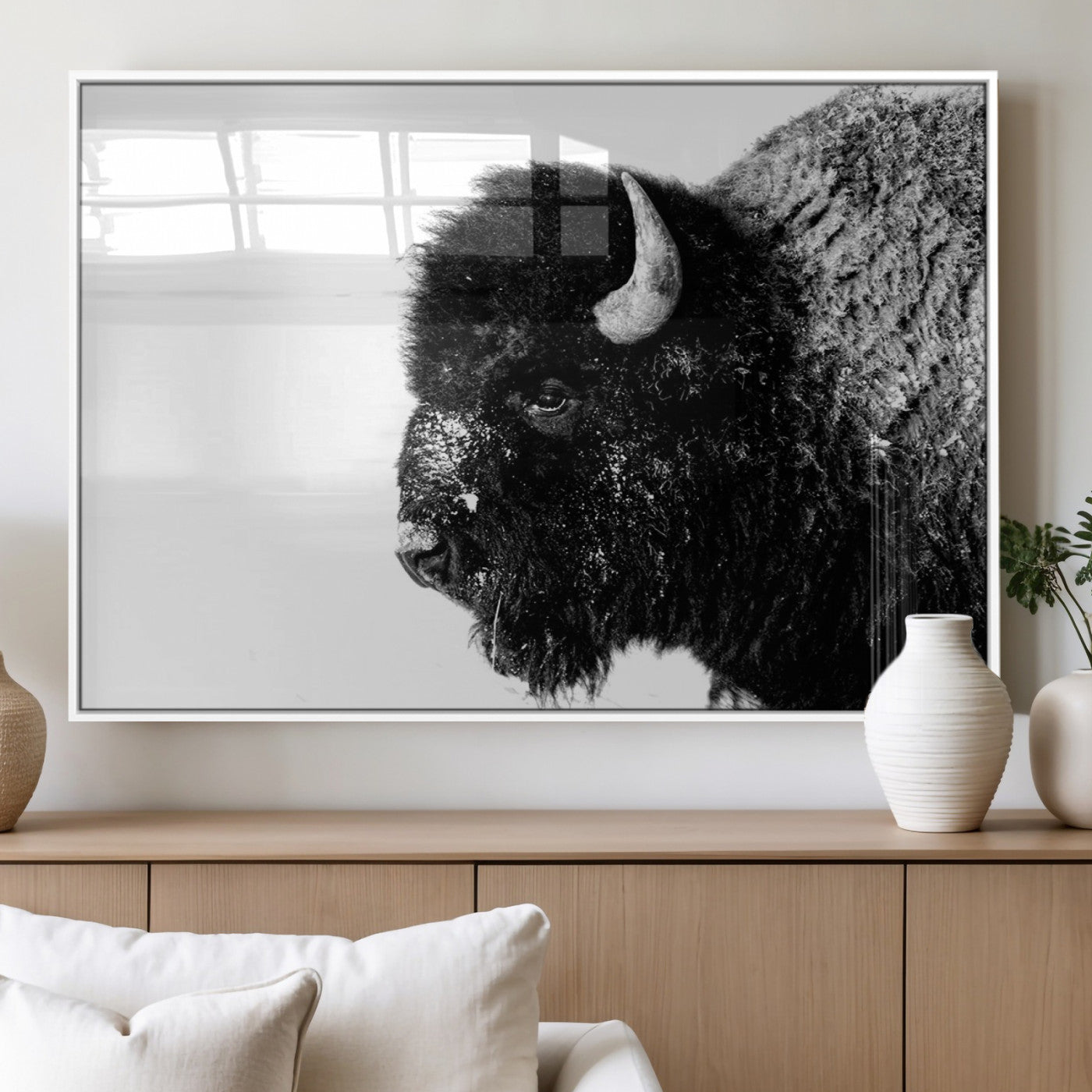 68780-MGV-FP-60X30-3P_White-Bison Close-Up Wall Art – Black and White Buffalo Canvas Print, Rustic Wildlife Photography Decor for Living Room, Office, or