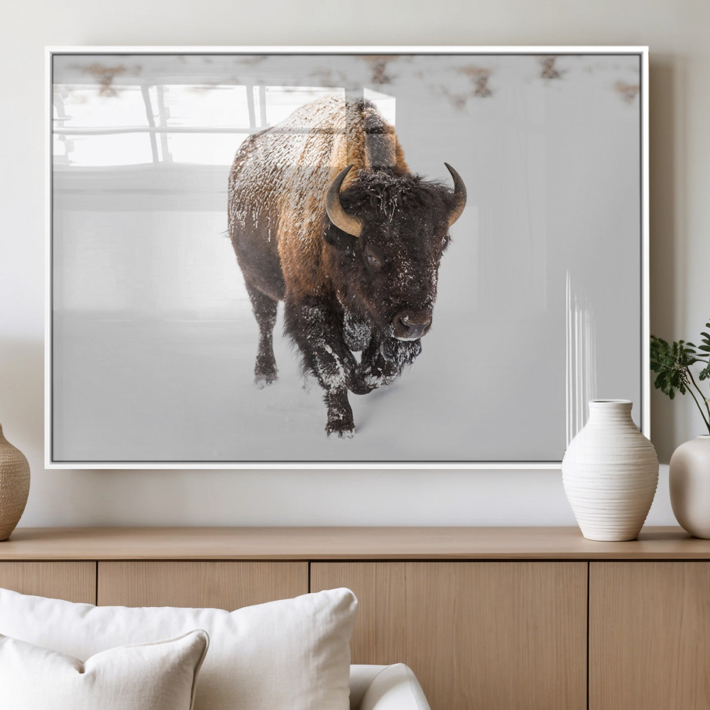 19889-MGV-FP-60X30-3P_White-Snow Bison Wall Art – Majestic Buffalo Winter Landscape Canvas Print, Rustic Wildlife Photography Decor for Cabin, Lodge, Living
