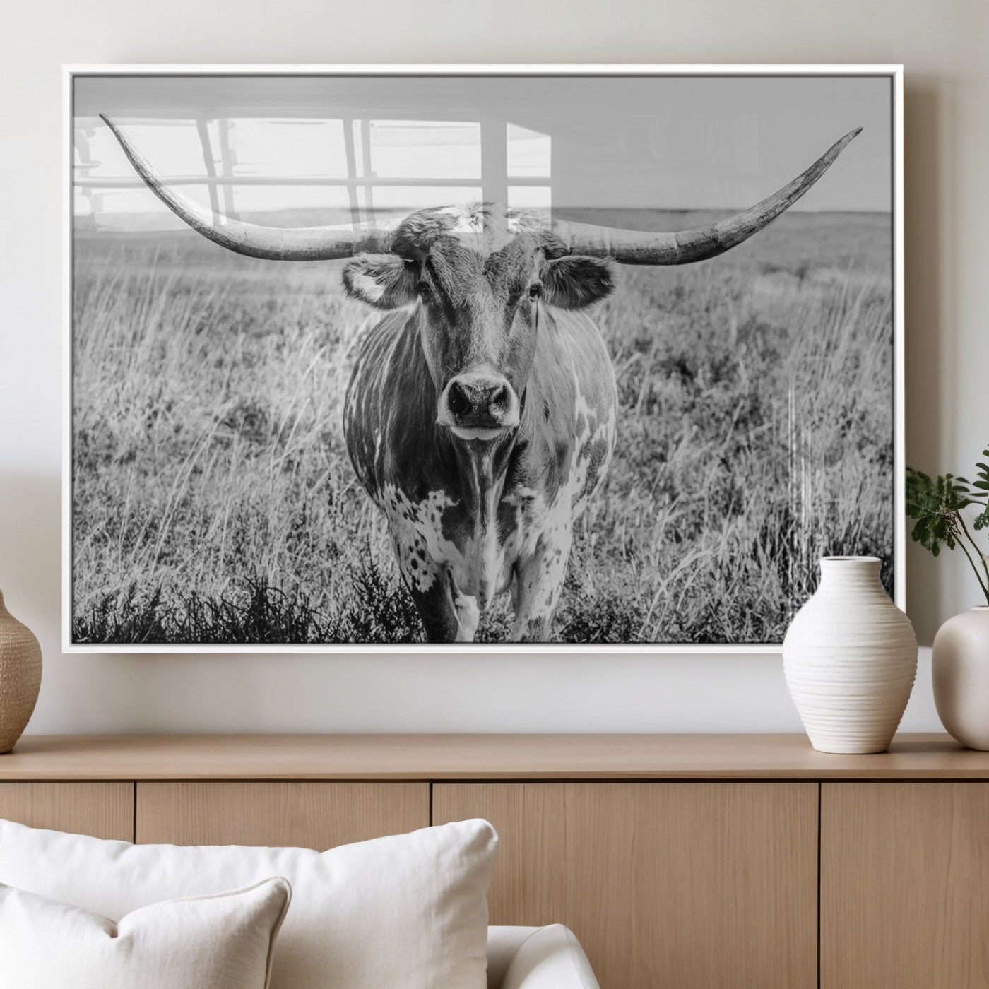 77320-MGV-FP-60X30-3P_White-Texas Longhorn Wall Art – Black and White Western Cattle Canvas Print, Rustic Farmhouse Animal Photography Decor for Living Room,