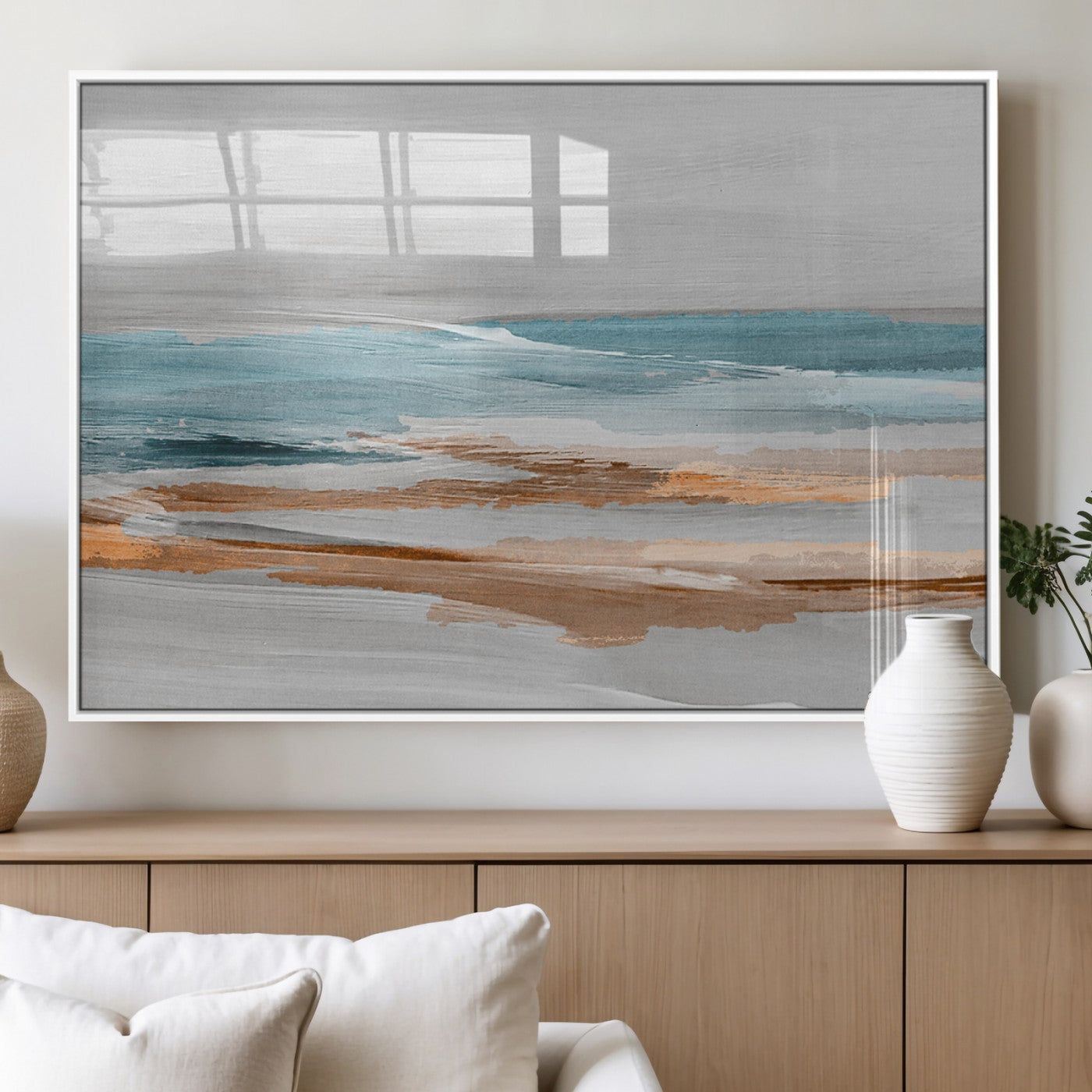 23430-MGV-FP-60X30-3P_White-Abstract Coastal Wall Art – Modern Ocean Horizon Canvas Print, Minimalist Beach Scene Painting for Bedroom, Living Room, Office or