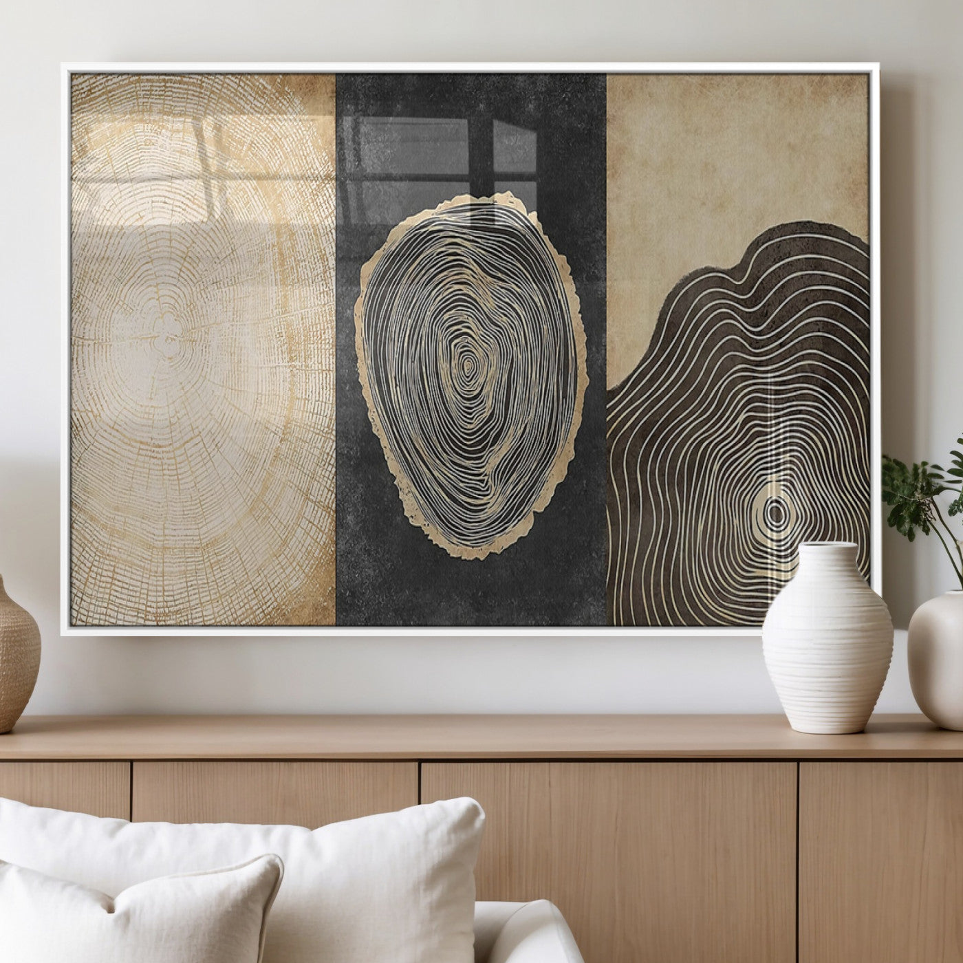 77785-MGV-FP-60X30-3P_White-Tree Ring Abstract Wall Art – Rustic Wood Growth Pattern Canvas Prints, Modern Nature-Inspired Decor for Living Room or Office
