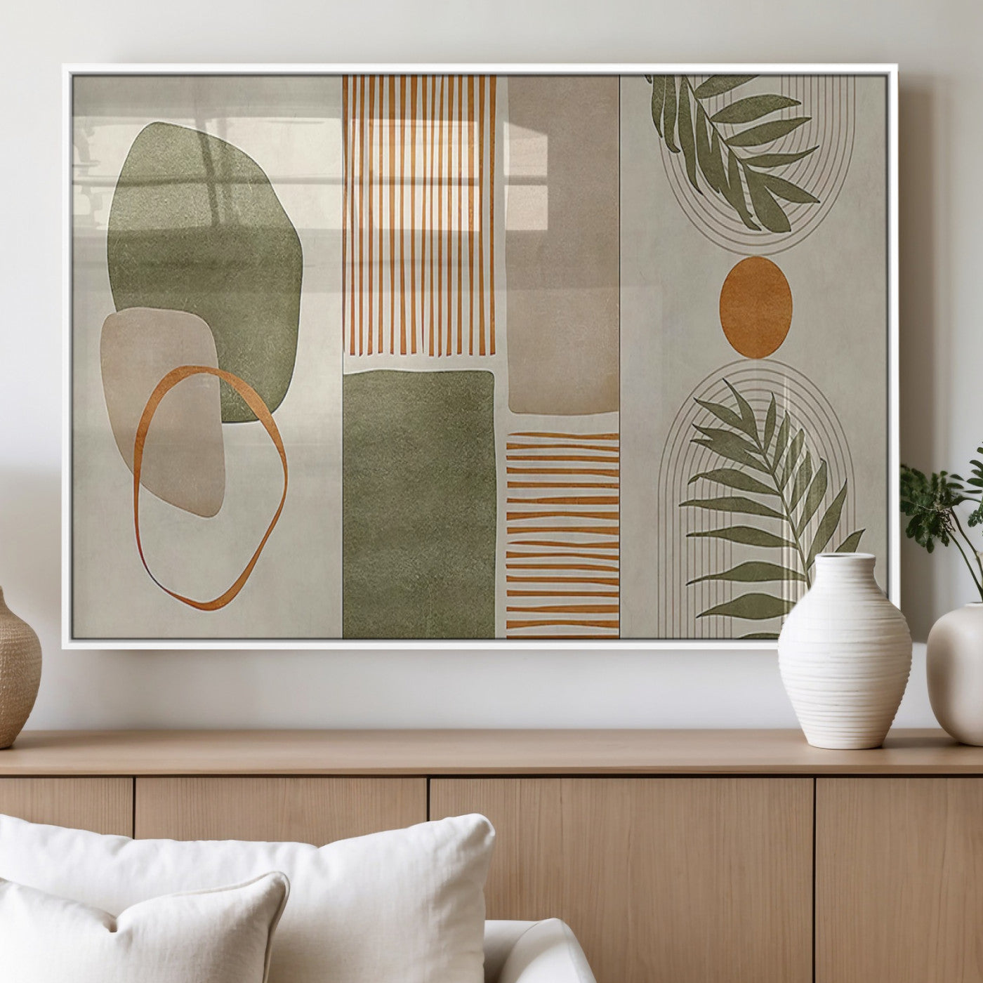 96002-MGV-FP-36X24-3P_White-Abstract Geometric Wall Art – Modern Canvas Print with Green, Orange & Beige Shapes, Minimalist Home Decor for Living Room, Office