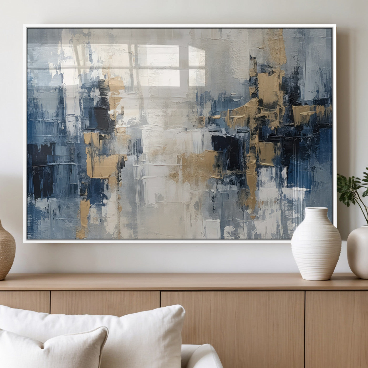 44344-MGV-FP-36X24-3P_White-Abstract Blue and Gold Wall Art – Modern Hand Painted Canvas Print, Contemporary Textured Painting for Living Room, Bedroom or