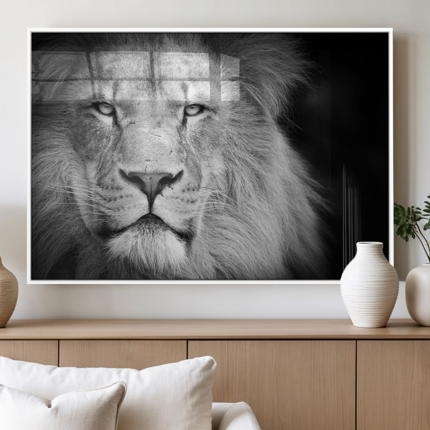 94453-MGV-FP-60X30-3P_White-Lion Portrait Wall Art – Black and White King of the Jungle Canvas Print, Safari Wildlife Decor for Office, Bedroom, or Living