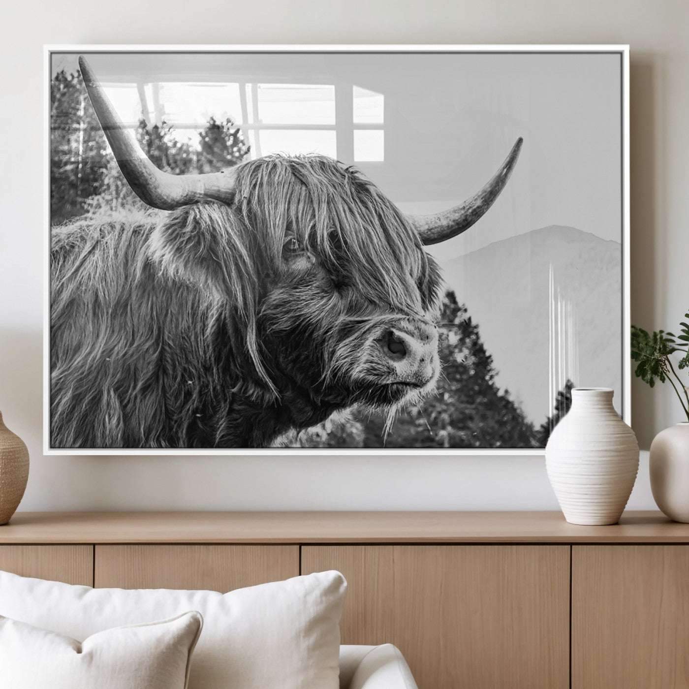 61570-MGV-FP-36X24-3P_White-Highland Cow Wall Art – Black and White Scottish Bull Canvas Print, Rustic Farmhouse Animal Decor for Living Room, Bedroom, or
