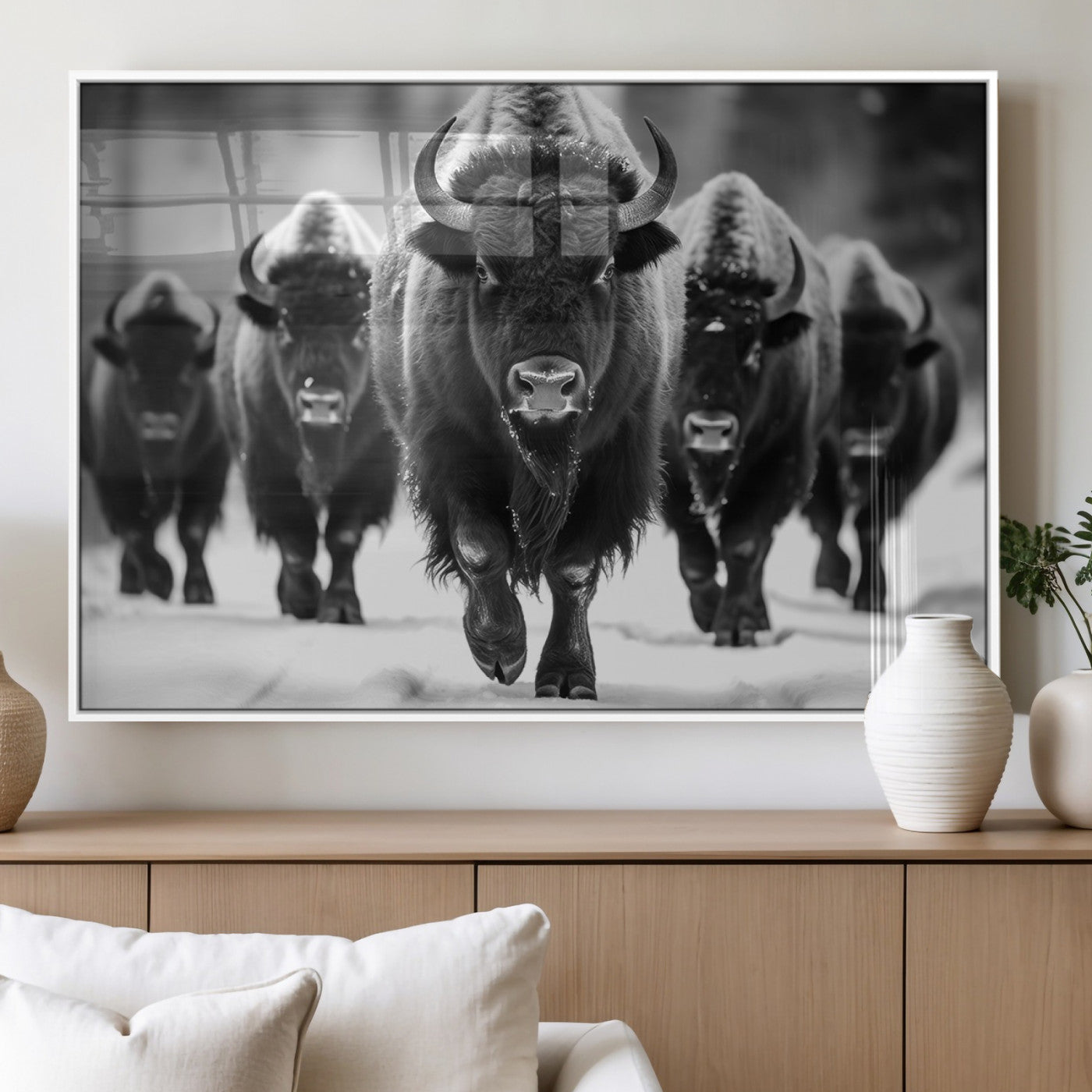 79872-MGV-FP-36X24-3P_White-Bison Herd Wall Art – Black and White Buffalo on Snow Canvas Print, Rustic Wildlife Decor for Lodge, Cabin, or Living Room