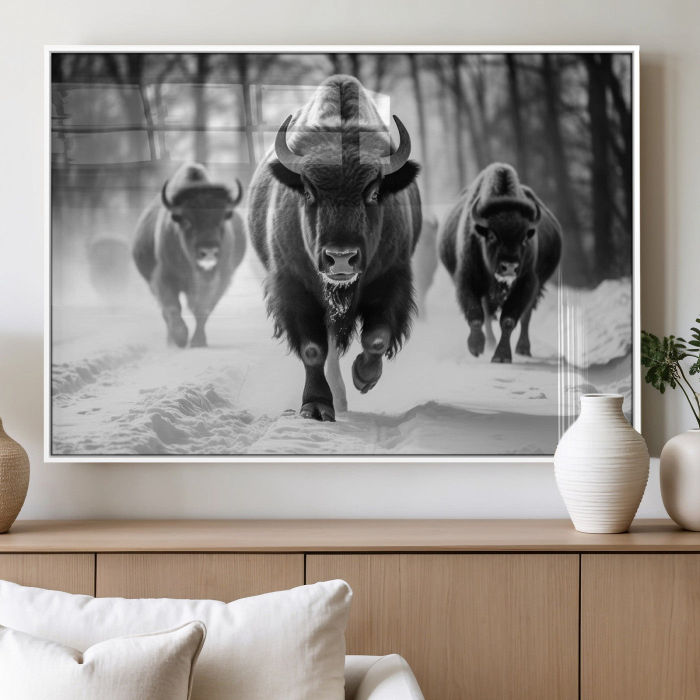 97552-MGV-FP-60X30-3P_White-Black and White Bison Wall Art – Buffalo Herd Running in Snow Canvas Print, Rustic Wildlife Photography Decor for Cabin, Lodge, or