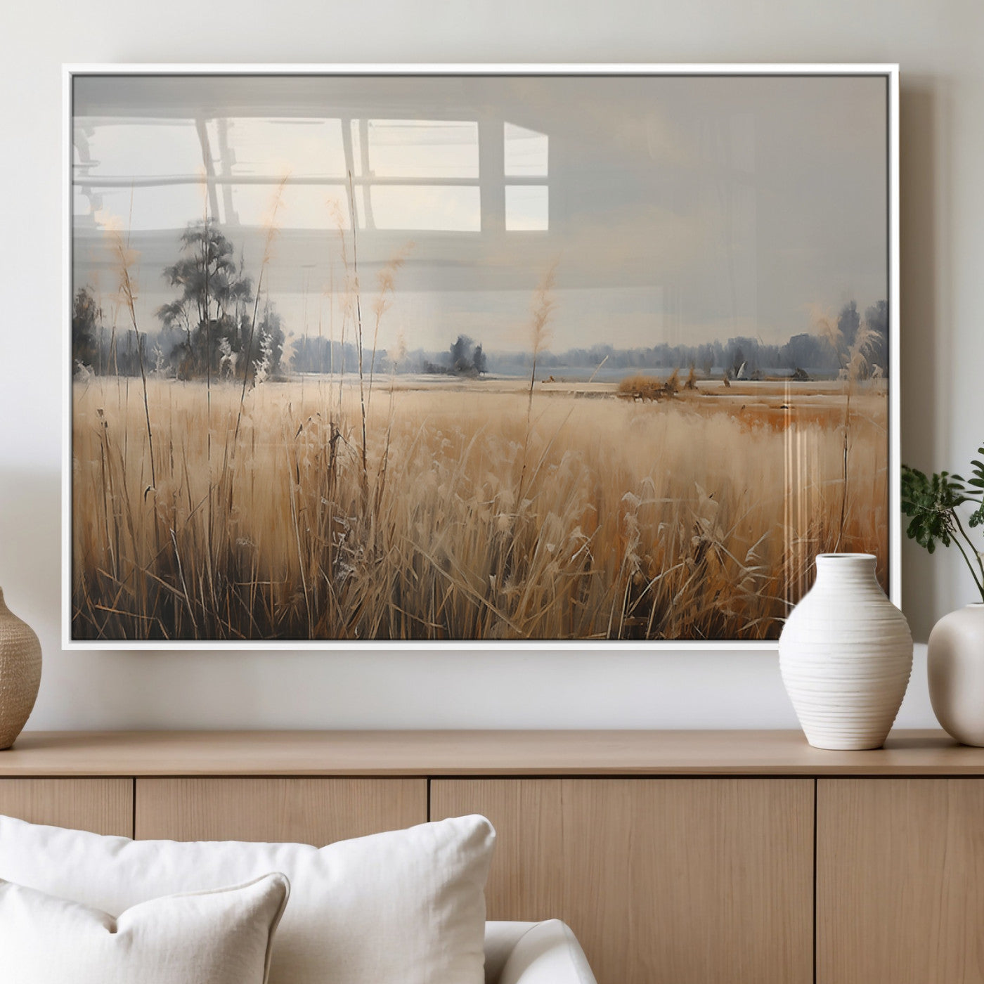 38193-MGV-FP-36X24-3P_White-Golden Meadow Wall Art – Serene Grassland Landscape Canvas Print, Rustic Nature Decor for Bedroom, Living Room or Farmhouse