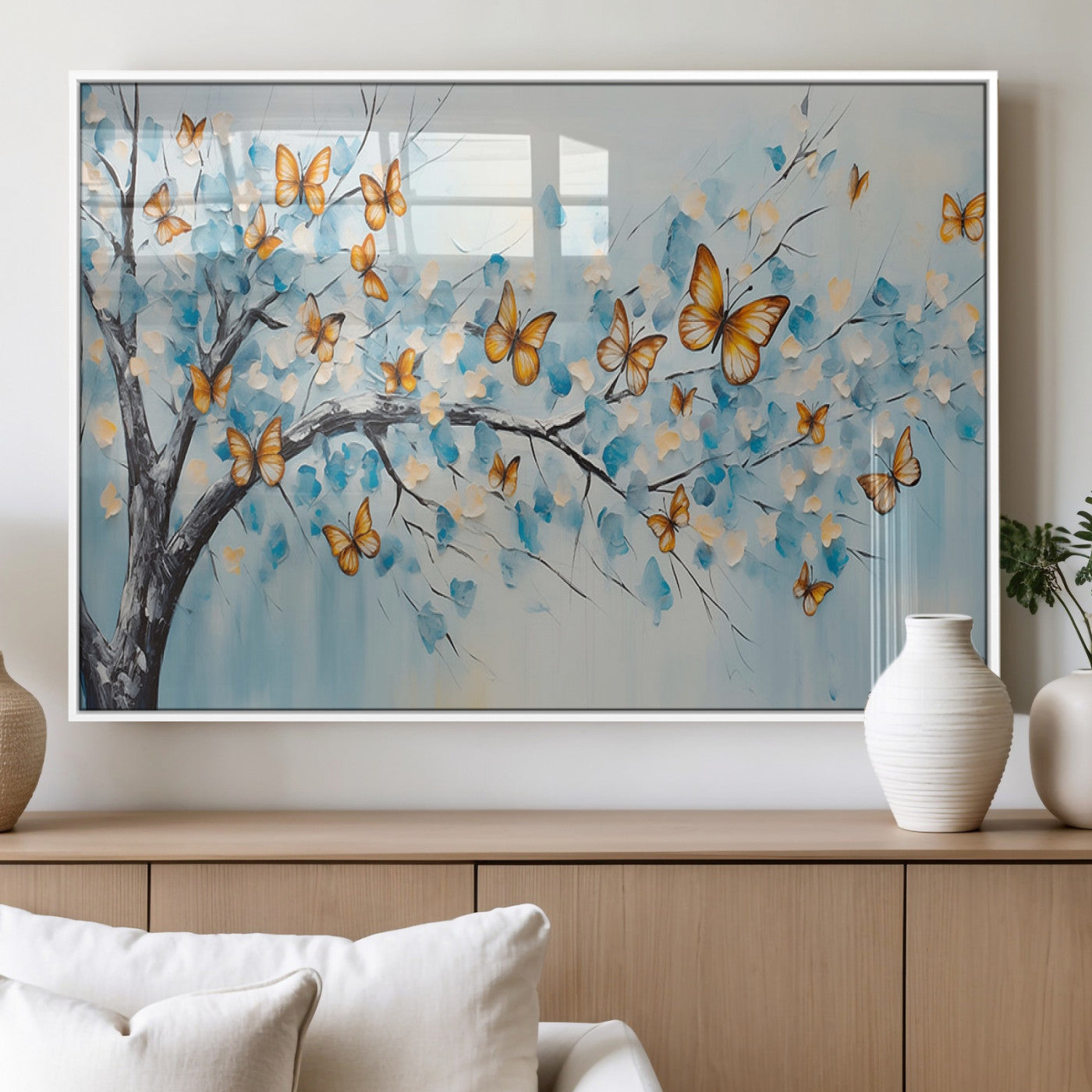 59455-MGV-FP-36X24-3P_White-Butterfly Tree Branch Wall Art – Blue and Yellow Abstract Canvas Print, Modern Nature Artwork for Living Room, Bedroom or Office