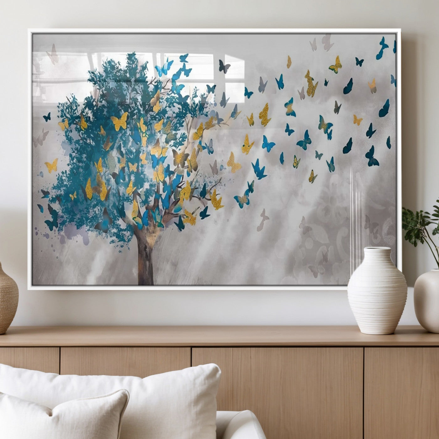 37564-MGV-FP-36X24-3P_White-Butterfly Tree Wall Art – Modern Nature Canvas Print with Blue and Golden Butterflies, Elegant Decorative Painting for Living Room