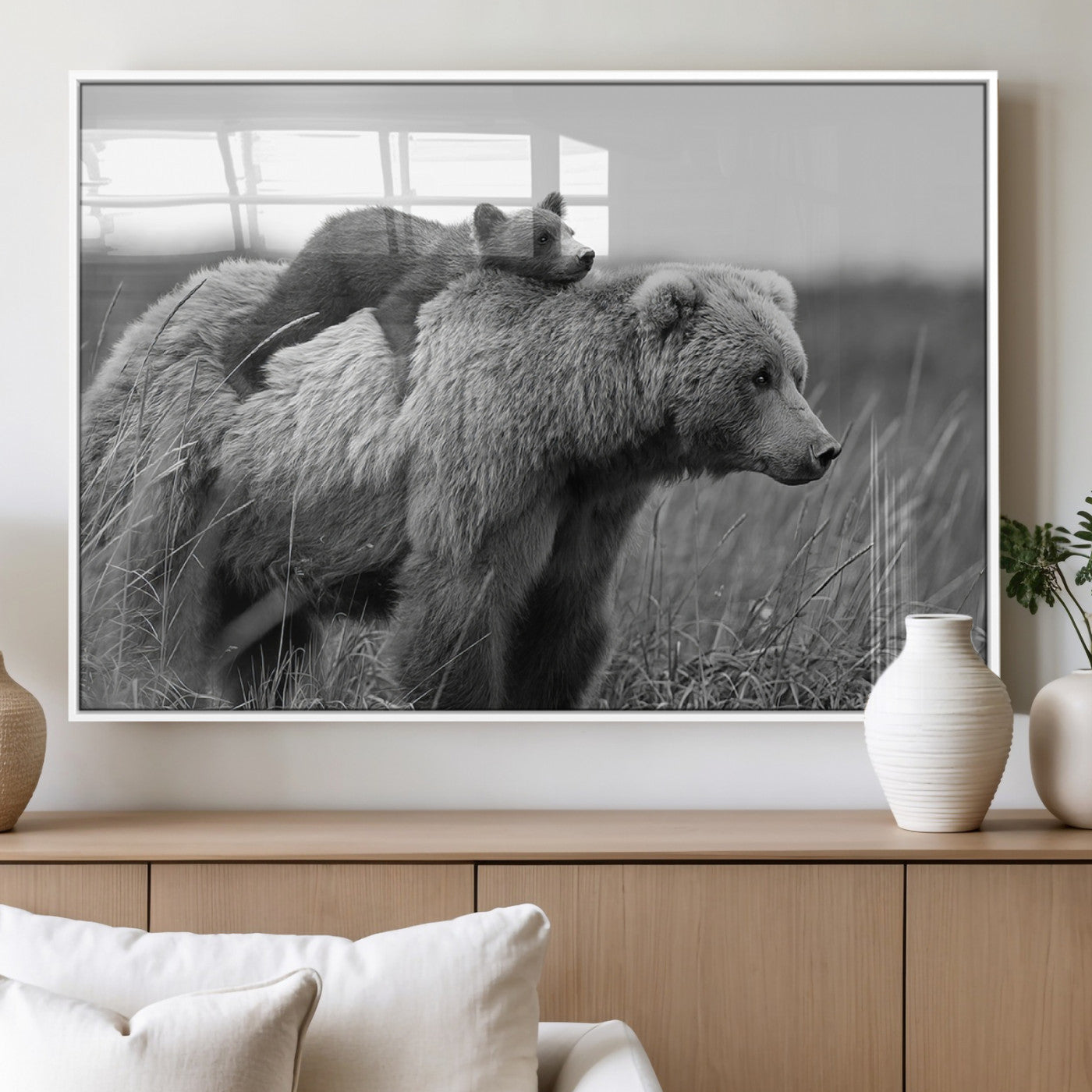 76338-MGV-FP-36X24-3P_White-Mother Bear and Cub Wall Art – Black and White Wildlife Canvas Print, Rustic Nature Photography for Cabin, Living Room or Office