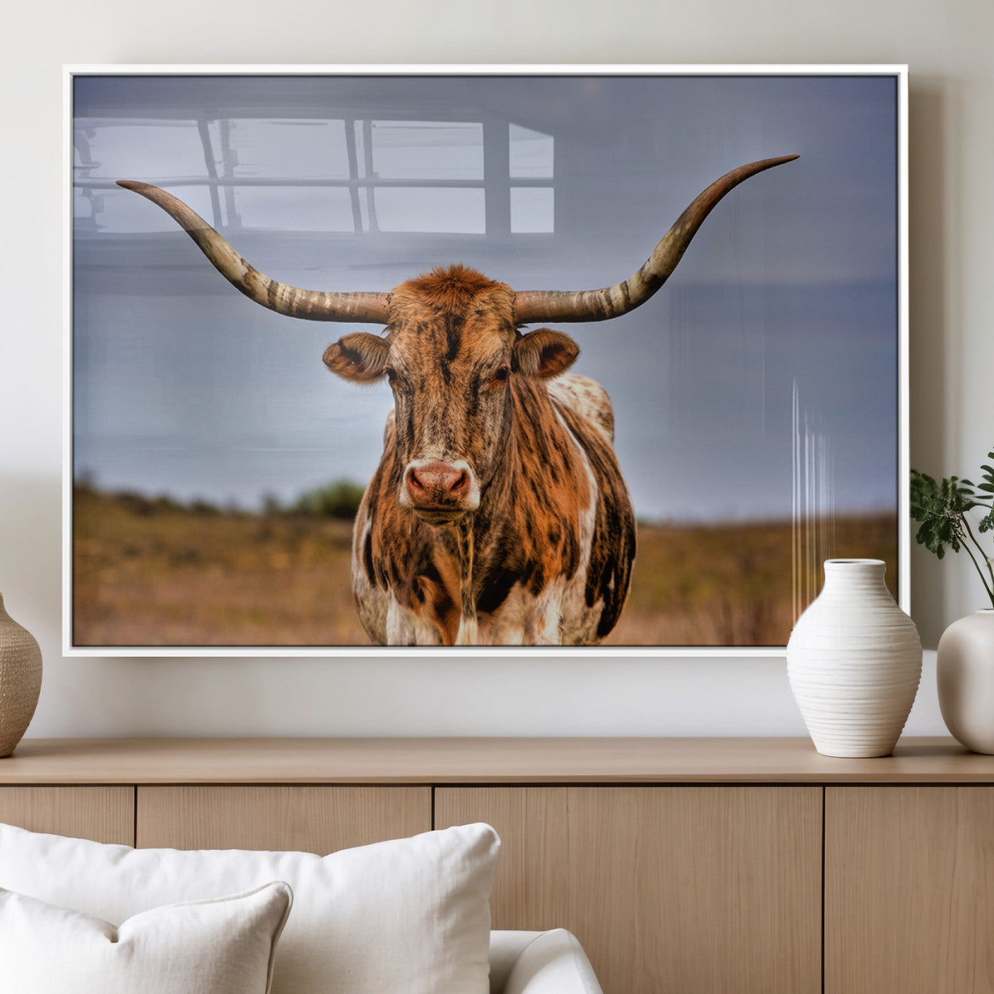 18594-MGV-FP-36X24-3P_White-Texas Longhorn Bull Wall Art – Rustic Western Cattle Canvas Print, Country Farmhouse Decor for Living Room, Office or Cabin
