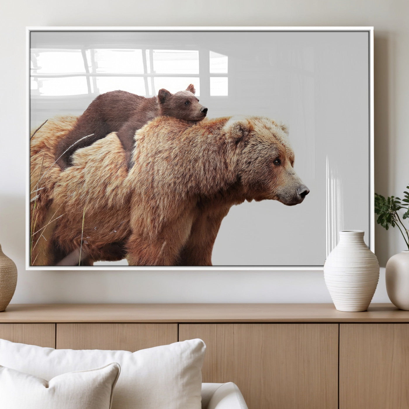 76943-MGV-FP-36X24-3P_White-Mom Bear Wall Art Canvas Print, Framed Bear Photography Art Picture Print, Rustic Bear and Cub Perfect Rustic Farmhouse Decor