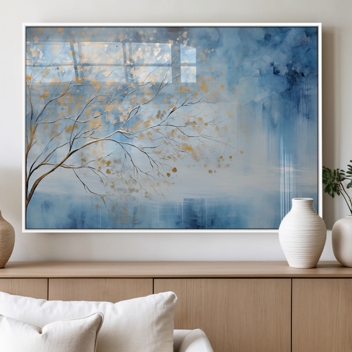 23891-MGV-FP-36X24-3P_White-Abstract Tree Wall Art – Minimalist Blue and Gold Canvas Painting, Elegant Nature-Inspired Artwork for Living Room, Bedroom or
