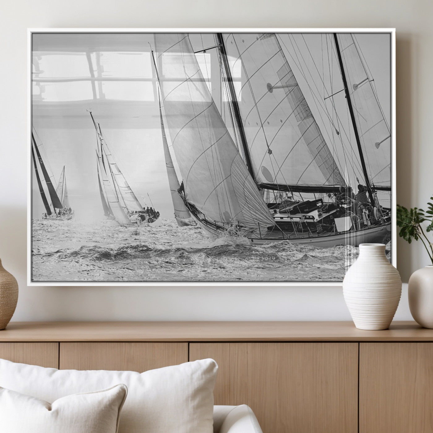 Boat-1-MGV-FP-36X24-3P_White-Sailboat Racing Wall Art – Nautical Black and White Canvas Print, Ocean Adventure Decor for Office, Living Room or Bedroom