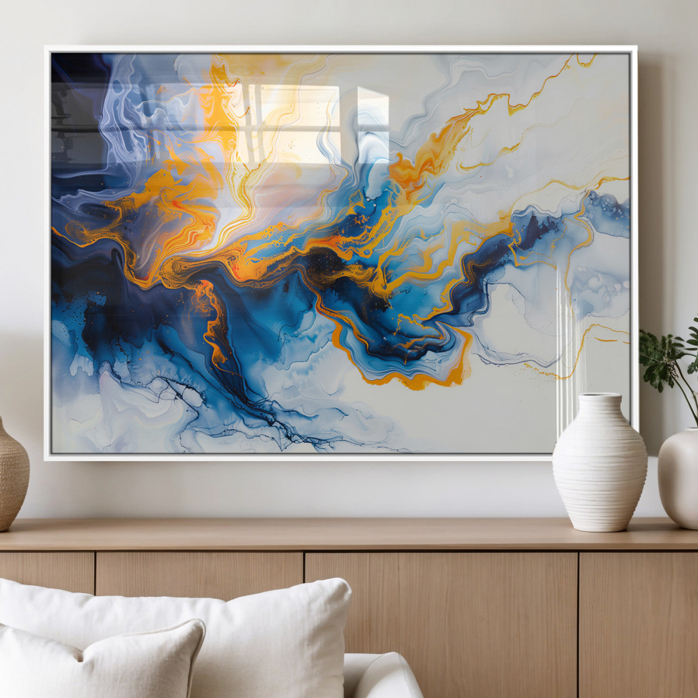 83720-MGV-FP-36X24-3P_White-Abstract Fluid Wall Art – Blue, White and Gold Swirl Canvas Painting, Modern Contemporary Artwork for Living Room, Bedroom or