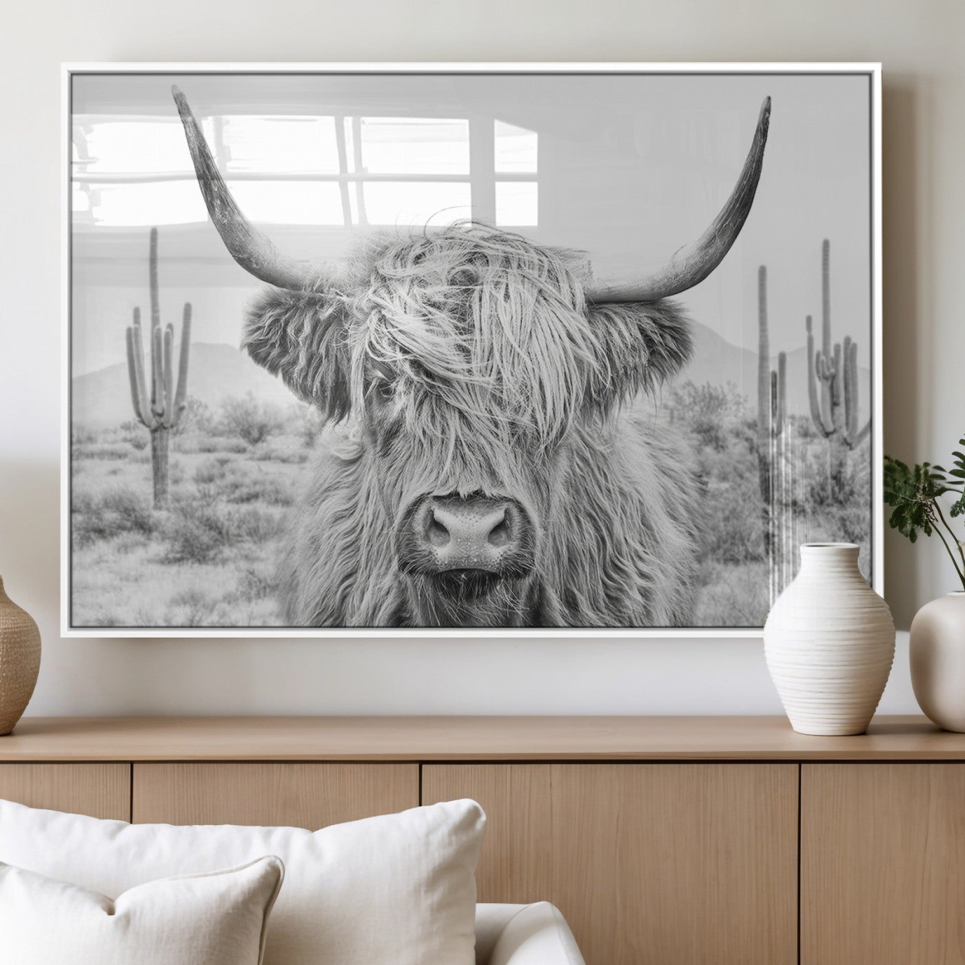 94579-MGV-FP-36X24-3P_White-Highland Cow Wall Art – Black and White Longhorn Canvas Print, Rustic Western Farmhouse Animal Photography for Living Room,