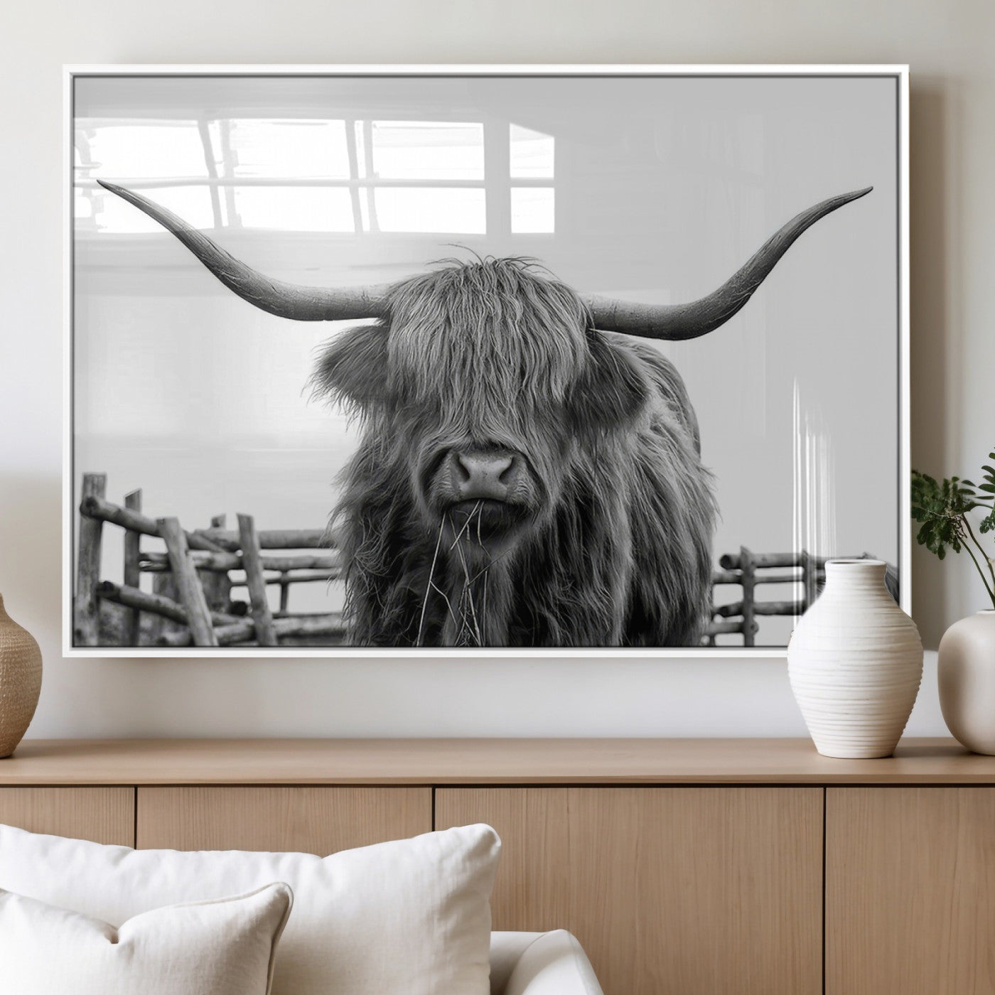 58188-MGV-FP-36X24-3P_White-Highland Cow Wall Art – Black and White Rustic Farmhouse Canvas Print, Longhorn Cattle Photography Decor for Living Room or
