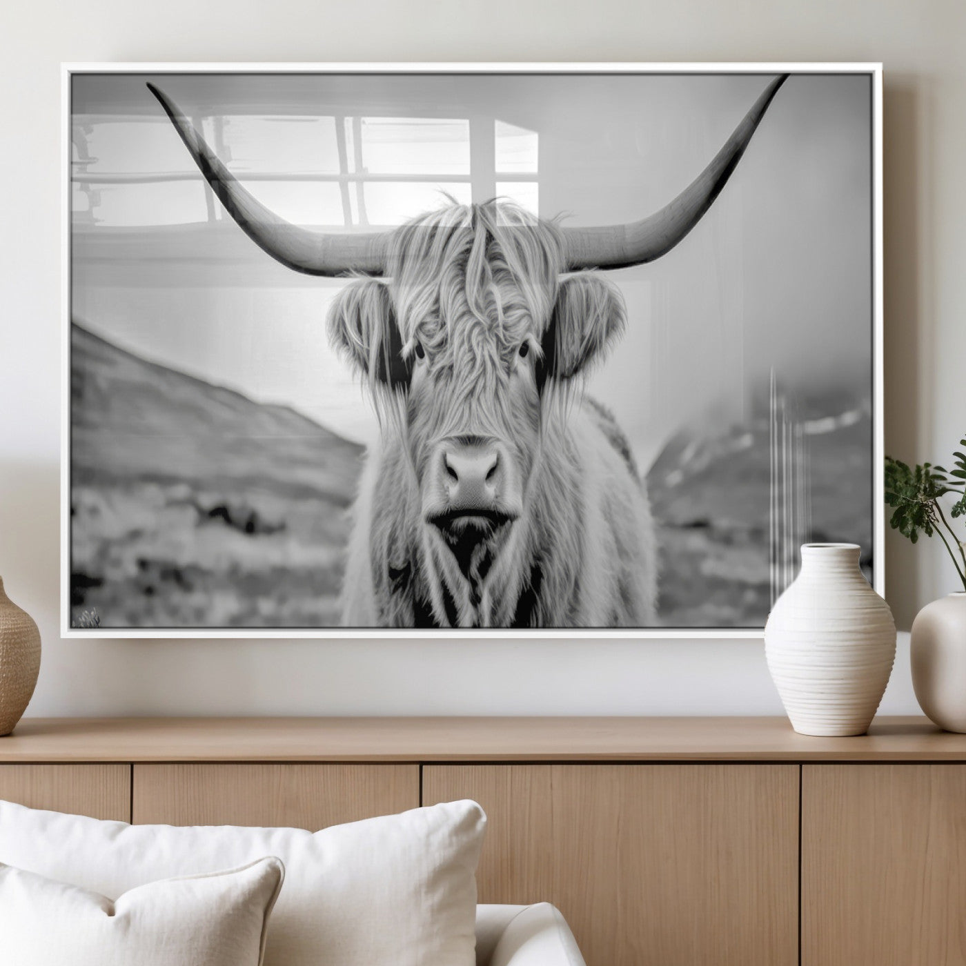 80564-MGV-FP-36X24-3P_White-Highland Cow Wall Art – Black and White Scottish Highland Canvas Print, Rustic Farmhouse Decor for Living Room, Bedroom or Office