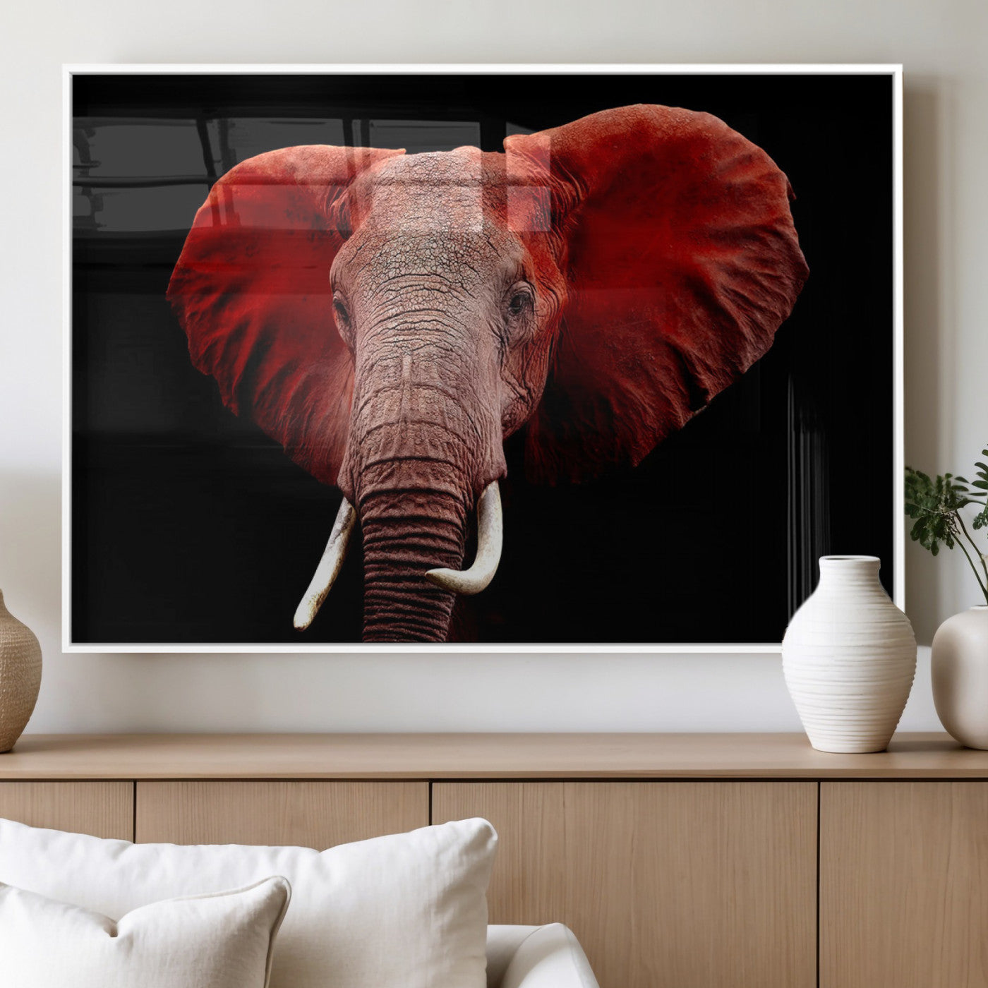 14788-MGV-FP-36X24-3P_White-Red Elephant Wall Art – Bold Wildlife Canvas Print, African Safari Animal Decor for Living Room, Bedroom or Office