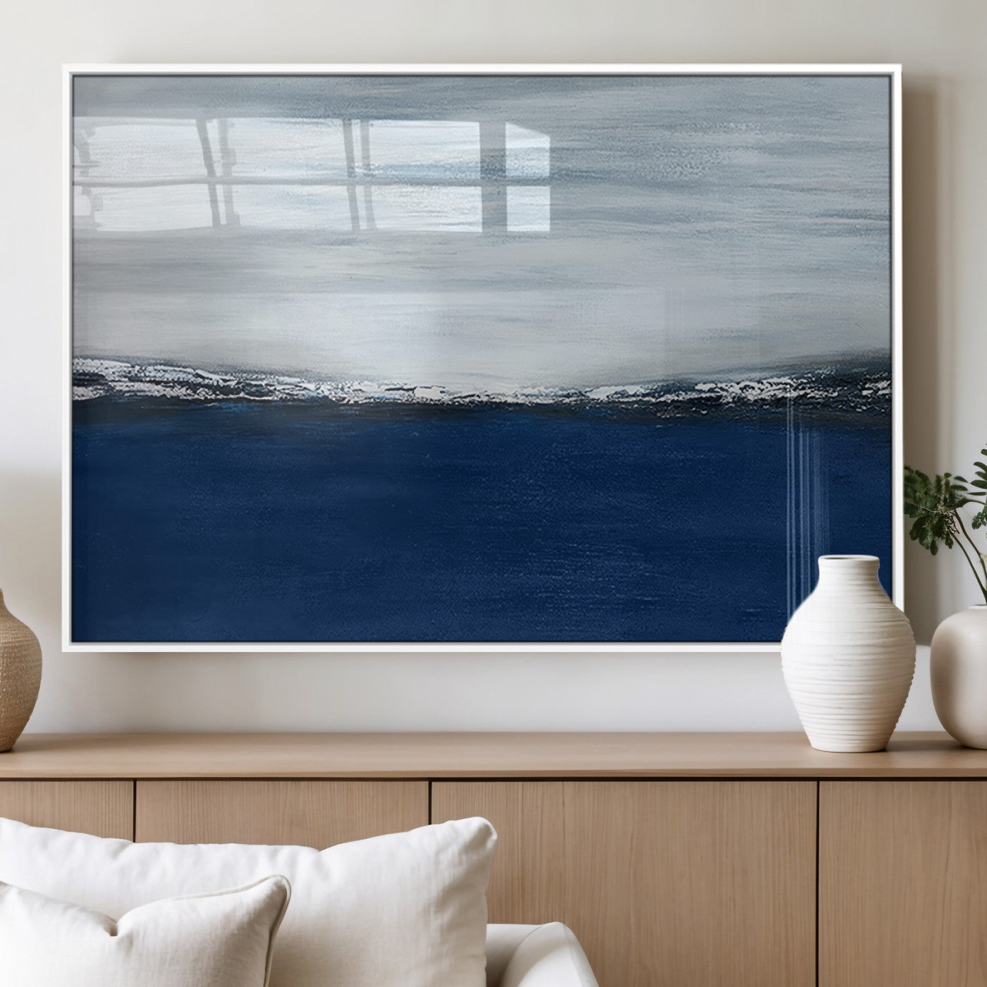 62197-MGV-FP-60X30-3P_White-Abstract Ocean Wall Art – Minimalist Blue and White Canvas Print, Modern Coastal Seascape Painting for Bedroom, Living Room or