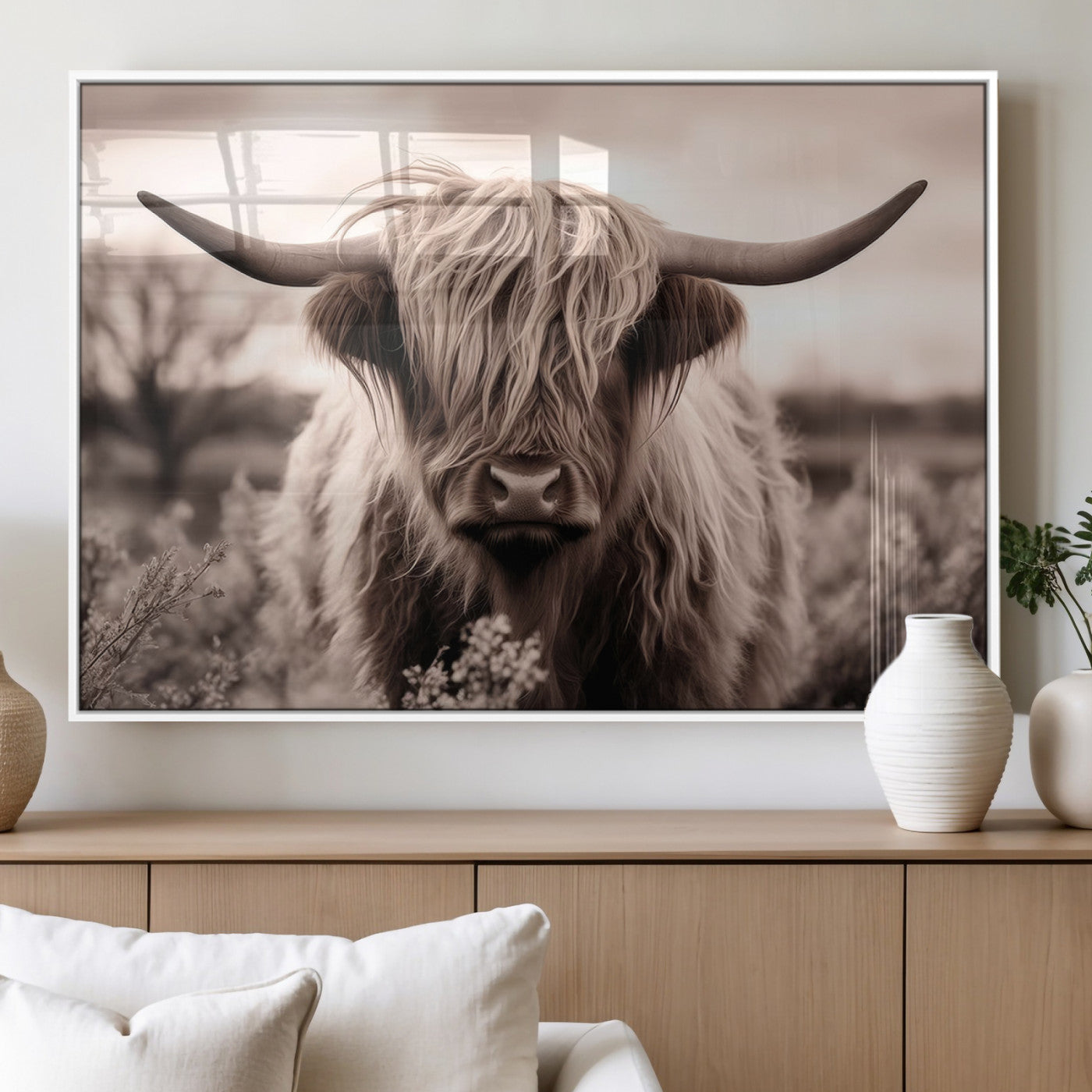 55903-MGV-FP-36X24-3P_White-Highland Cow Wall Art – Rustic Sepia Scottish Highland Bull Canvas Print, Farmhouse Country Animal Decor for Living Room, Bedroom