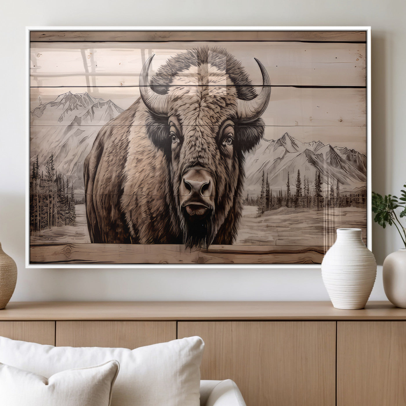 77225-MGV-FP-36X24-3P_White-Rustic Bison Wall Art Canvas Print, Framed American Buffalo Art Picture Print, Vintage Wood Bison Perfect Rustic Decor Artwork