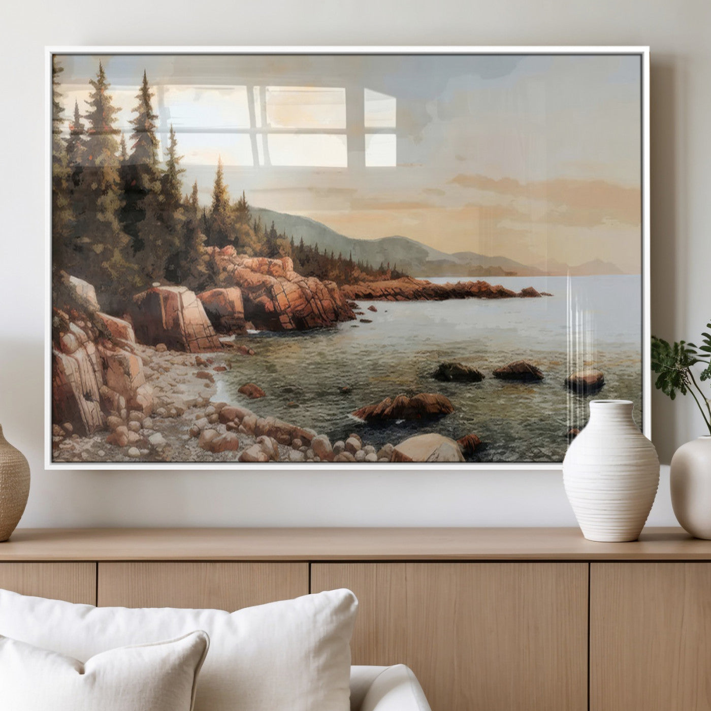77145-MGV-FP-60X30-3P_White-Coastal Landscape Wall Art – Panoramic Rocky Shoreline and Pine Trees Canvas Print, Rustic Nature Decor for Cabin, Lodge, Office,