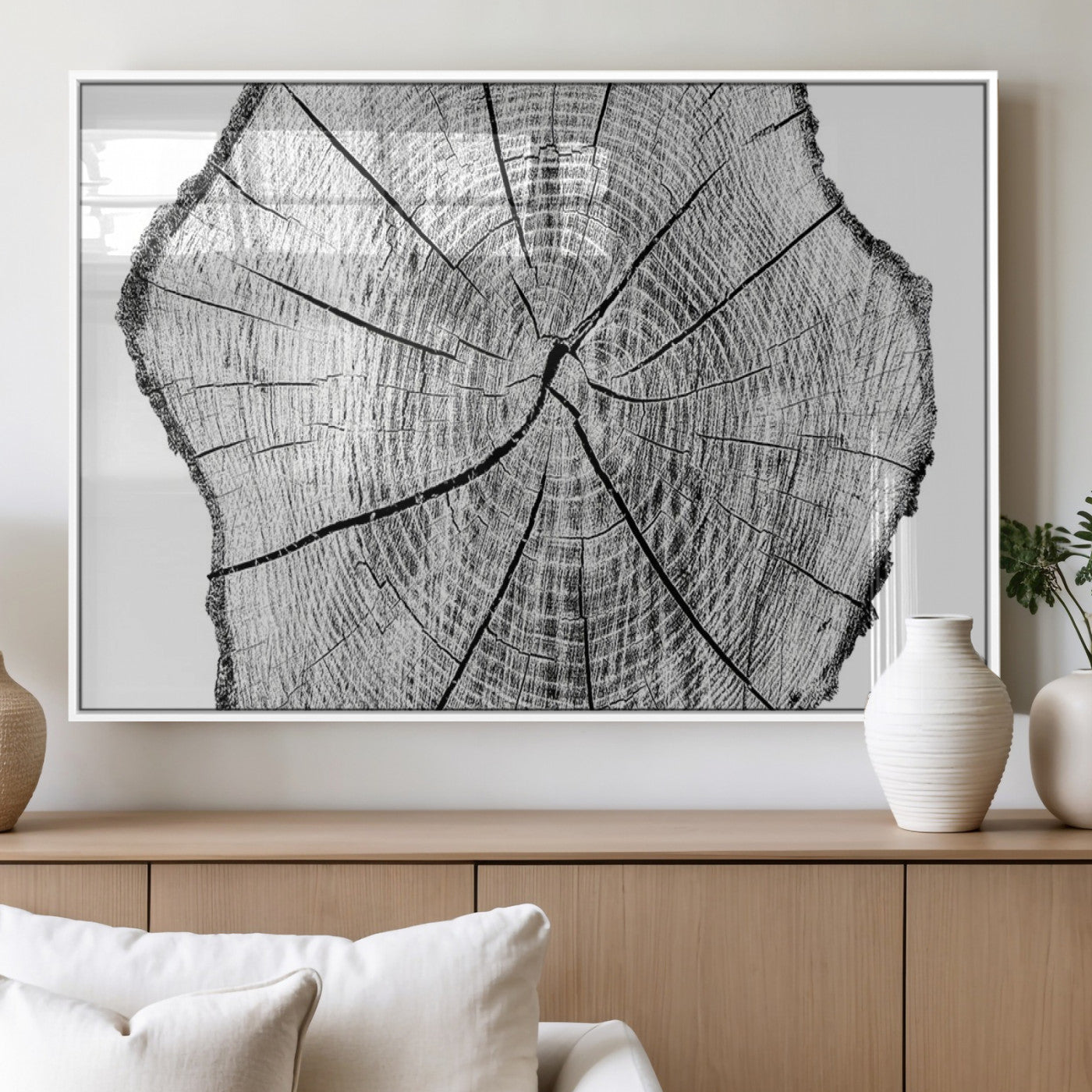 98709-MGV-FP-60X30-3P_White-Tree Ring Wall Art – Black and White Canvas Print Rustic Wood Cross Section, Minimal Nature Inspired Decor for Living Room,