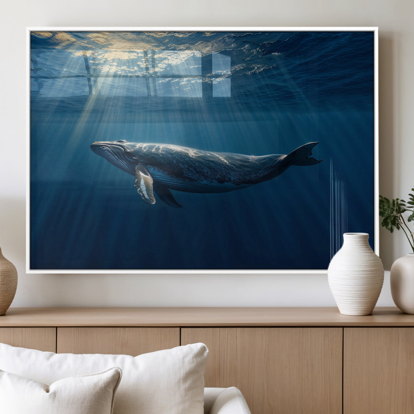 18052-MGV-FP-60X30-3P_White-Whale Wall Art – Majestic Ocean Canvas Print Marine Life Underwater Sunlight Scene, Nautical Coastal Decor for Living Room,