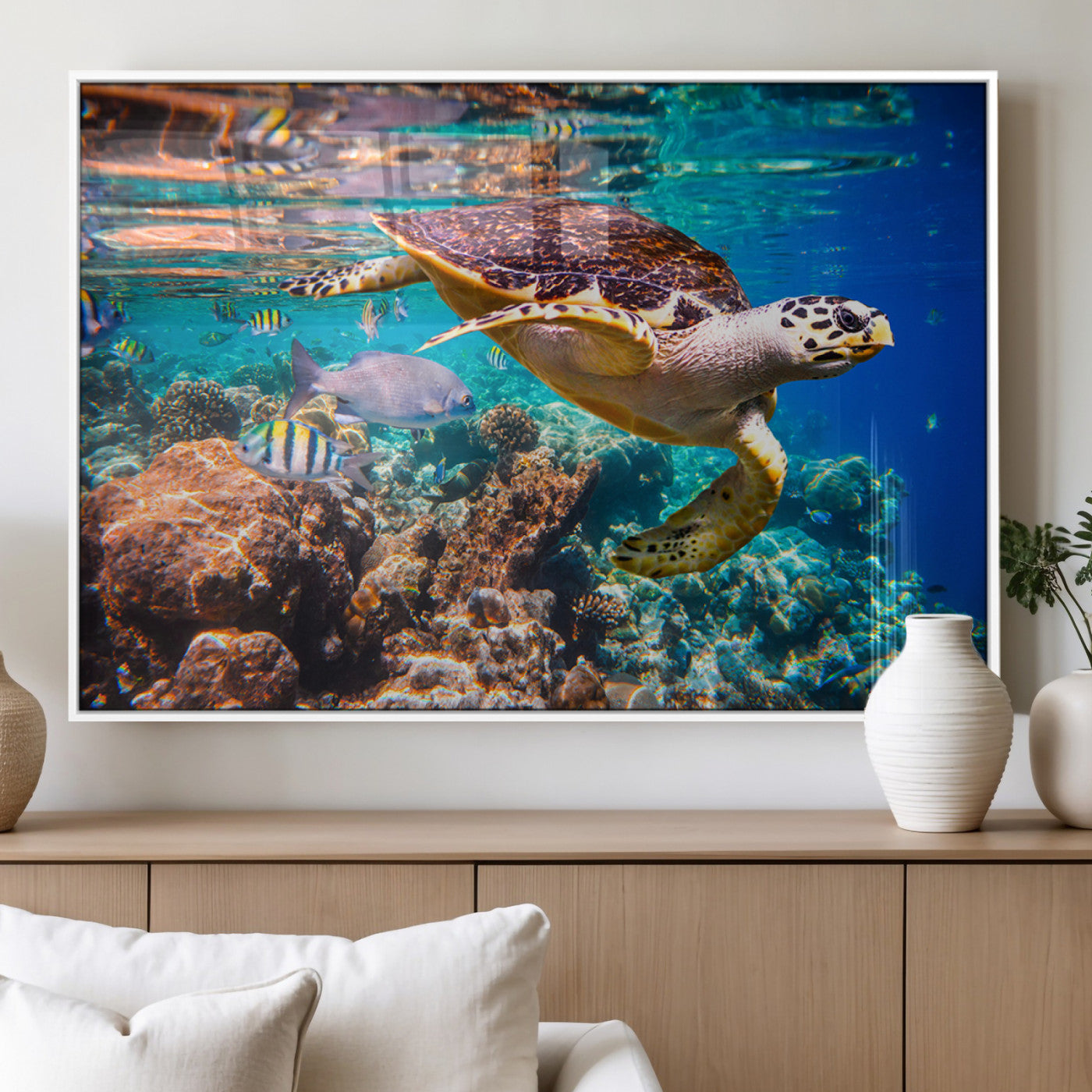 66614-MGV-FP-36X24-3P_White-Sea Turtle Wall Art – Hawksbill Turtle Swimming Over Coral Reef Canvas Print, Ocean Marine Life Decor for Beach House, Coastal