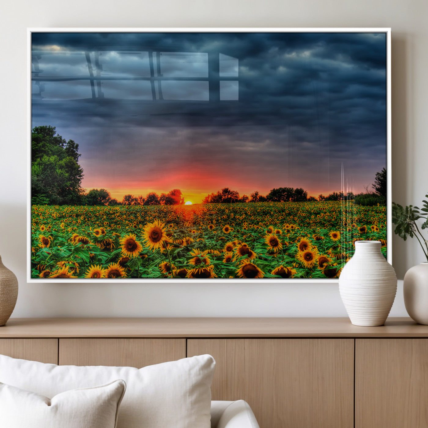 45045-MGV-FP-36X24-3P_White-Sunflower Field Sunset Wall Art – Dramatic Stormy Sky Landscape Print, Vibrant Yellow Floral Nature Canvas for Living Room,