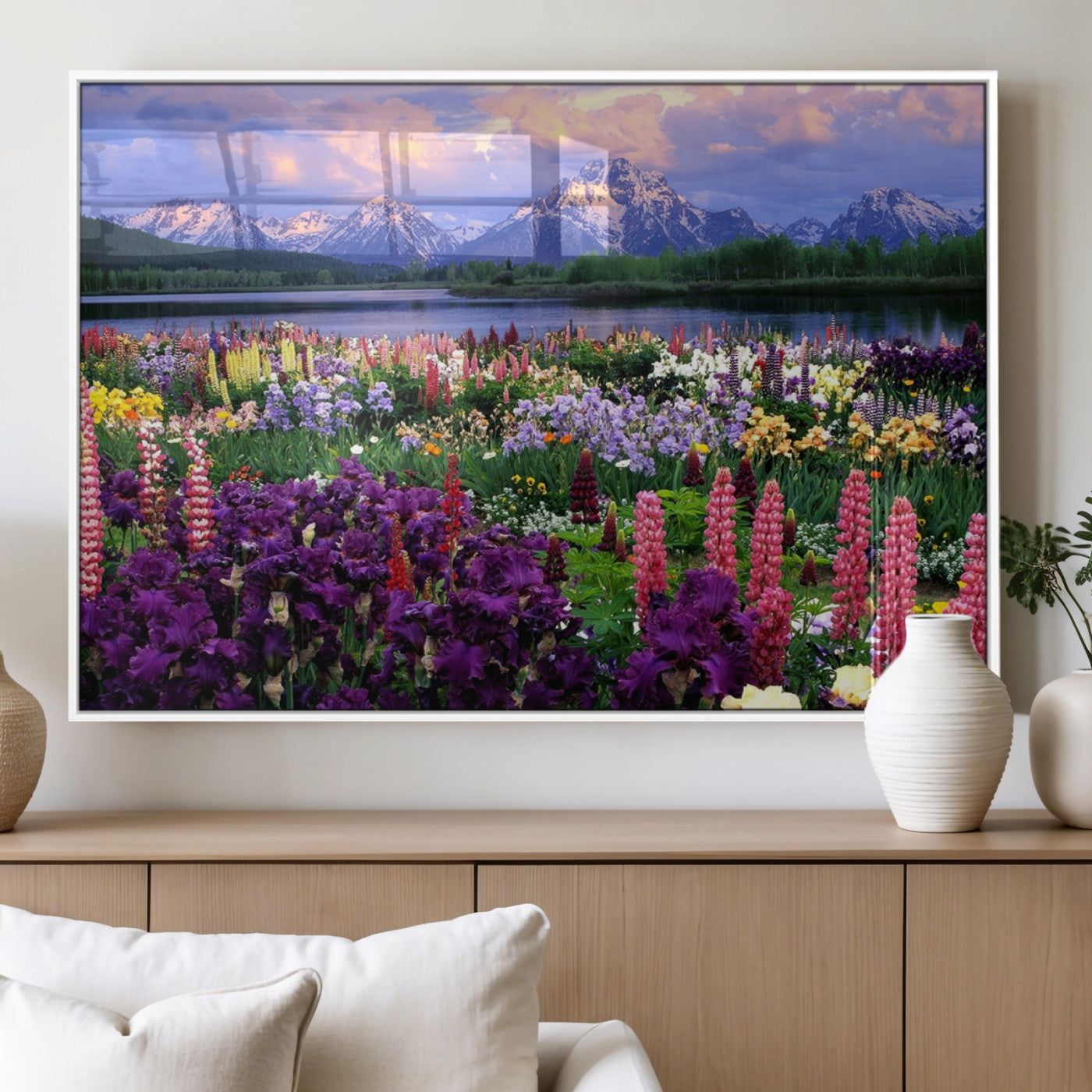 82270-MGV-FP-36X24-3P_White-Colorful Wildflower Meadow Landscape Wall Art – Snow-Capped Mountain Lake Sunset Print, Vibrant Nature Artwork for Living Room,