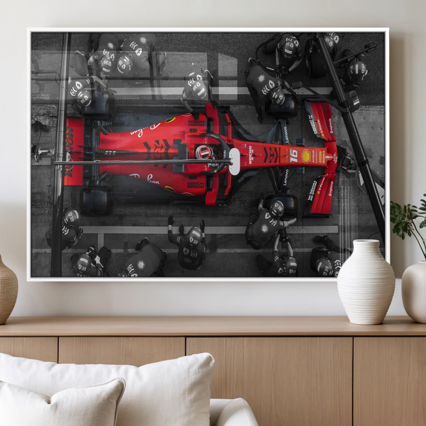 99356-MGV-FP-36X24-3P_White-Ferrari Pit Stop Wall Art – Formula 1 Racing Car Canvas Print, Red Speed Machine Motorsport Decor for Office, Garage, Man Cave or