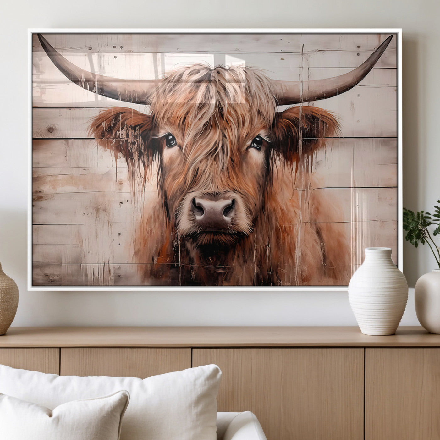 93730-MGV-FP-36X24-3P_White-Scottish Cow Wall Art Canvas Print, Framed Longhorn Cow Art Picture Print, Highland Cattle Perfect Rustic Farmhouse Decor Artwork