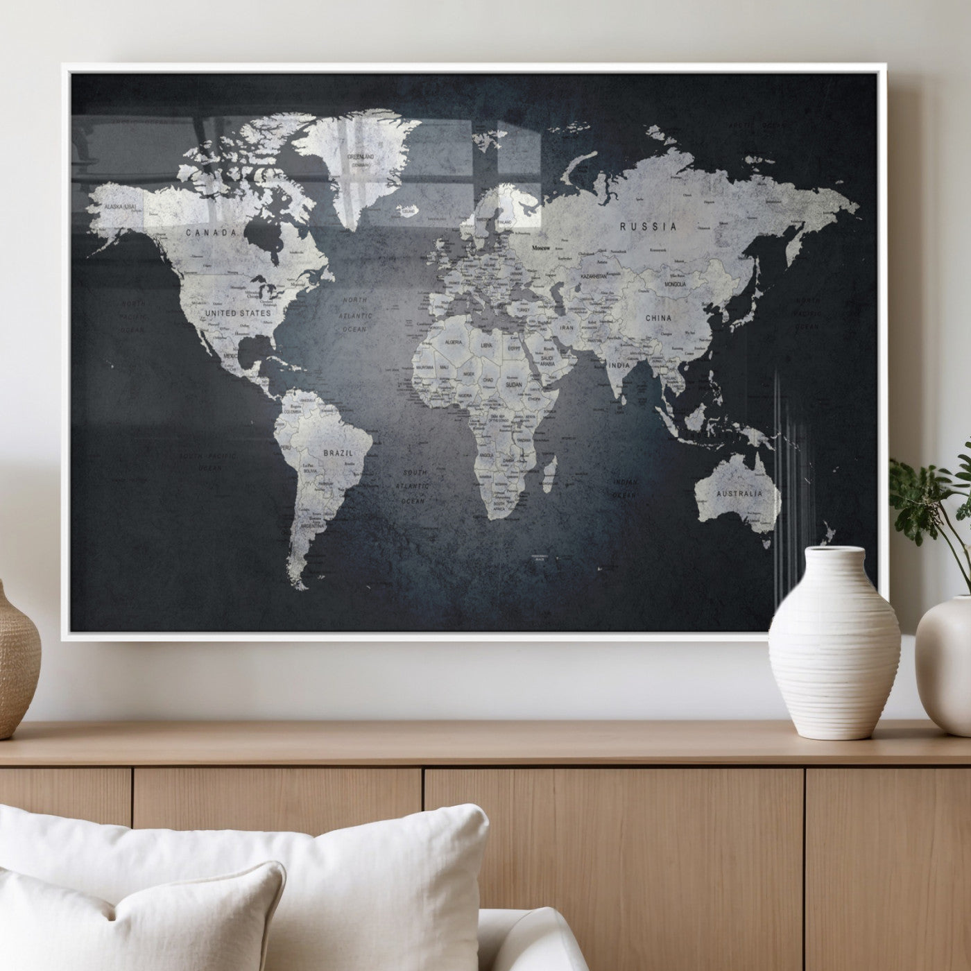 19124-MGV-FP-36X24-3P_White-Modern World Map Wall Art – Black and White Canvas Print, Minimalist Global Map Decor for Office, Study, Bedroom or Living Room