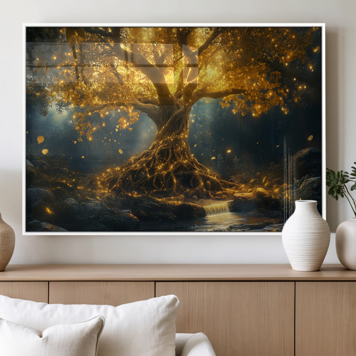 92739-MGV-FP-36X24-3P_White-Glowing Tree Wall Art – Enchanted Golden Forest Canvas Print, Mystical Illuminated Nature Painting Poster for Living Room,
