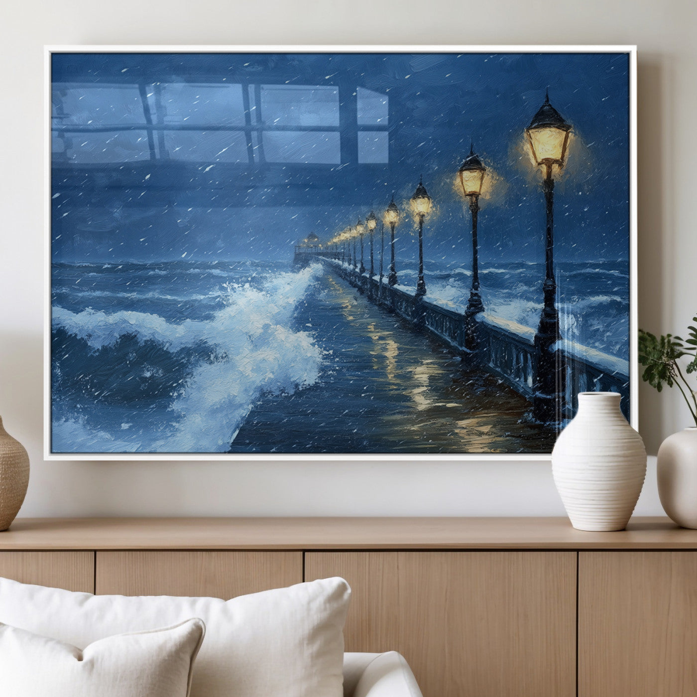 32668-MGV-FP-36X24-3P_White-Stormy Pier Wall Art – Ocean Waves and Street Lamps Canvas Print, Rainy Night Seascape Oil Painting Poster for Living Room,