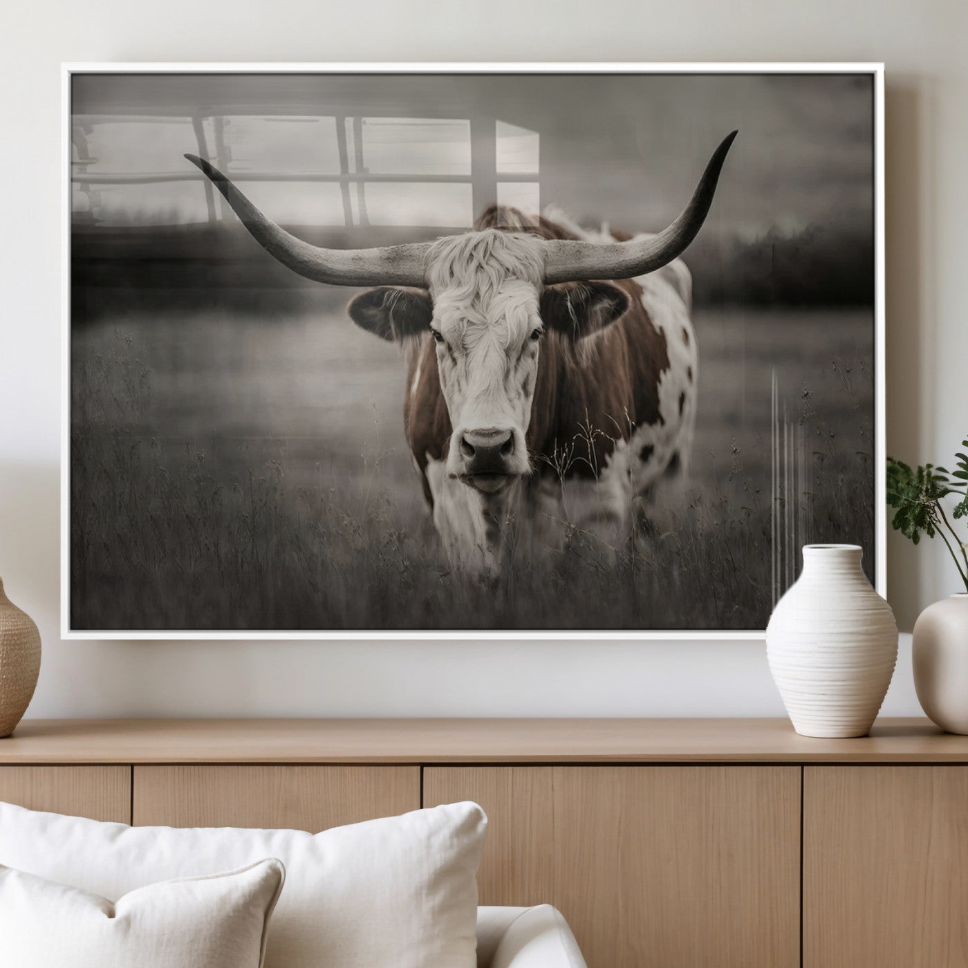 69238-MGV-FP-36X24-3P_White-Longhorn Bull Wall Art – Rustic Black and White Texas Cattle Canvas Print, Western Farmhouse Animal Photography for Living Room,