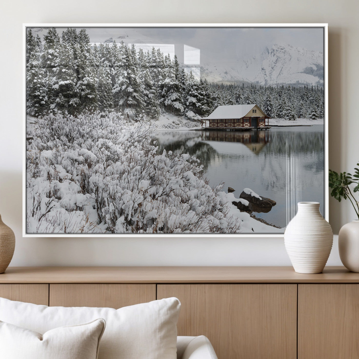 94285-MGV-FP-60X30-3P_White-Snowy Cabin Wall Art Canvas Print, Framed Winter Cabin Art Picture Print, Mountain Lake Perfect Snowy Nature Decor Artwork