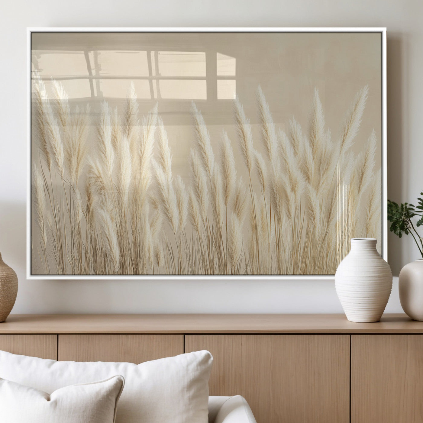 81444-MGV-FP-60X30-3P_White-Pampas Grass Wall Art Canvas Print, Framed Beige Pampas Grass Art Picture Print, Minimalist Beige Perfect Minimalist Nature Decor