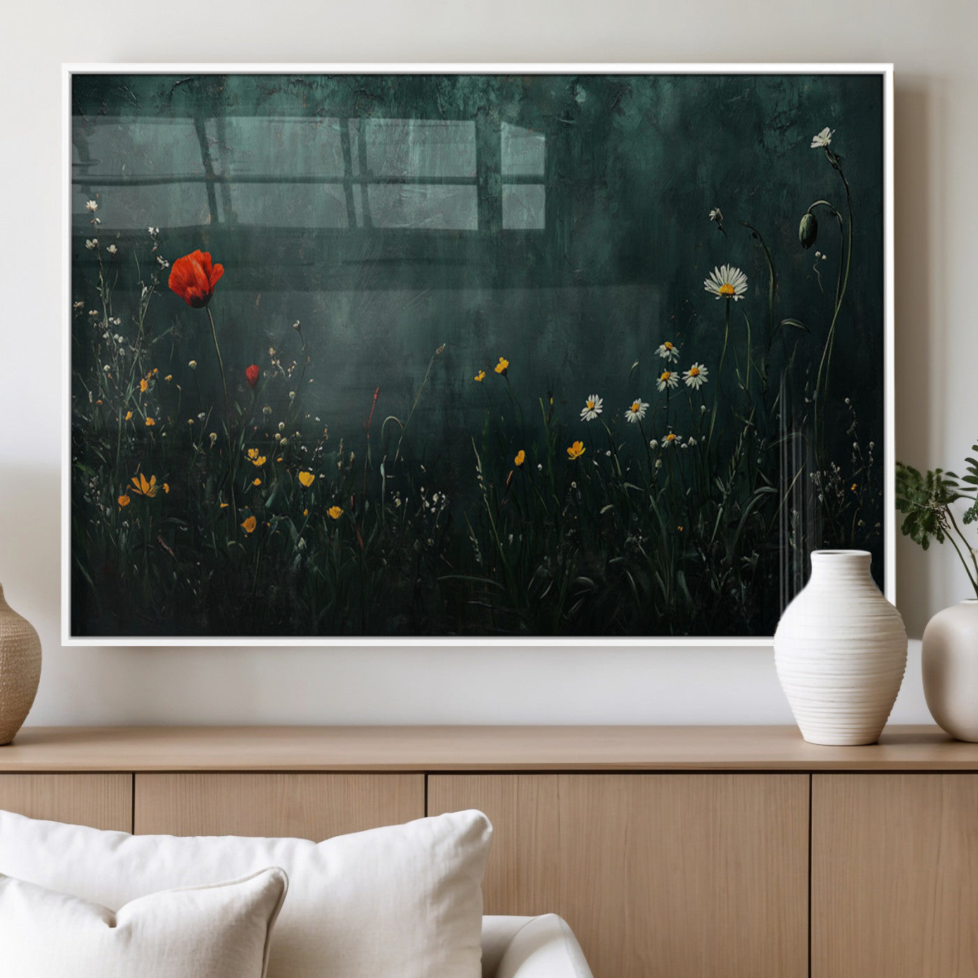 26218-MGV-FP-60X30-3P_White-Wildflower Wall Art – Dark Botanical Floral Canvas Print, Modern Nature Painting Poster with Daisy Poppy Yellow Flowers for Living