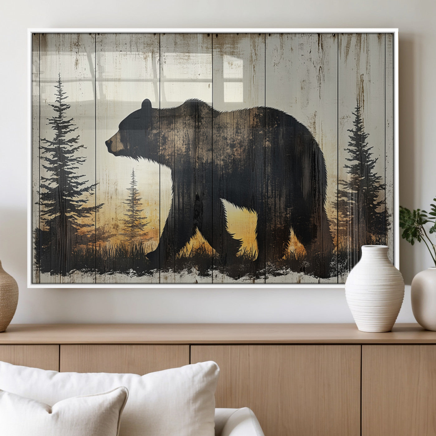 83875-MGV-FP-60X30-3P_White-Sunset Bear Wall Art – Rustic Wildlife Canvas Print with Forest Silhouette, Cabin Lodge Decor for Living Room or Office