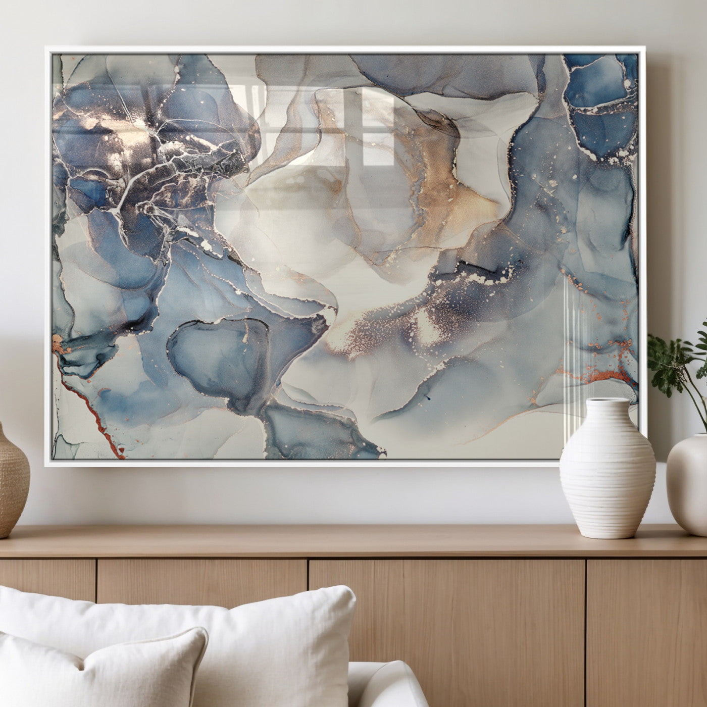 51497-MGV-FP-36X24-3P_White-Abstract Blue and Gold Wall Art – Modern Fluid Ink Style Canvas Print, Elegant Contemporary Decor for Living Room, Office