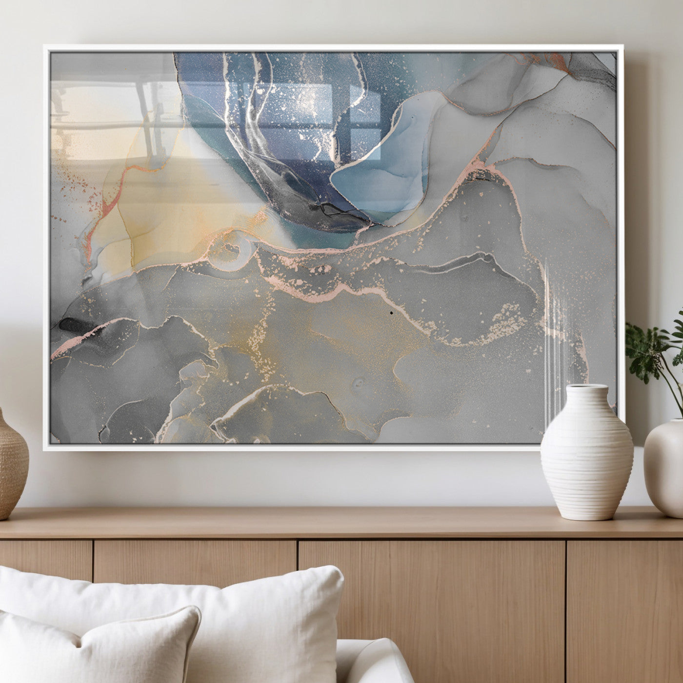 18176-MGV-FP-36X24-3P_White-Abstract Fluid Wall Art – Modern Marble Ink Canvas Print with Blue, Gold, and Gray Tones, Contemporary Minimal Artwork Decor for