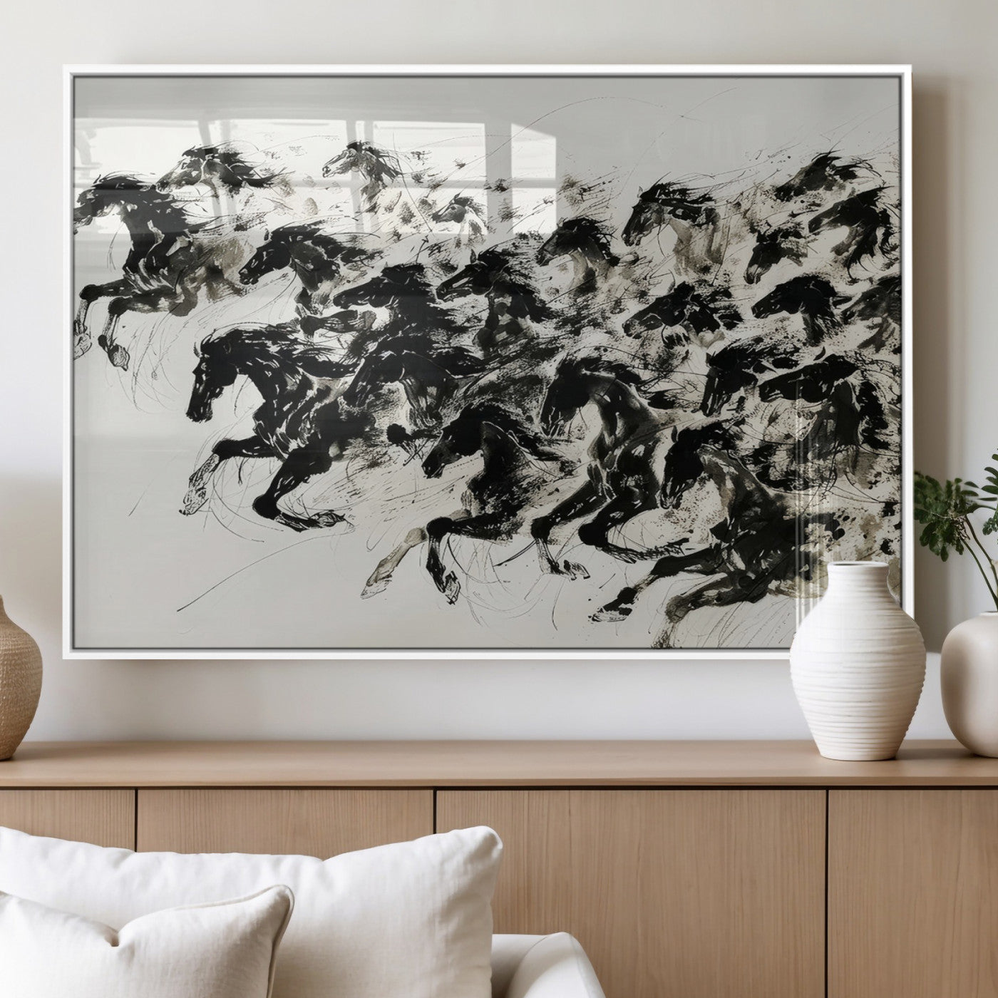 23069-MGV-FP-36X24-3P_White-Galloping Horses Wall Art – Black Ink Painting on Canvas, Dynamic Equestrian Artwork with Running Stallions, Expressive Modern