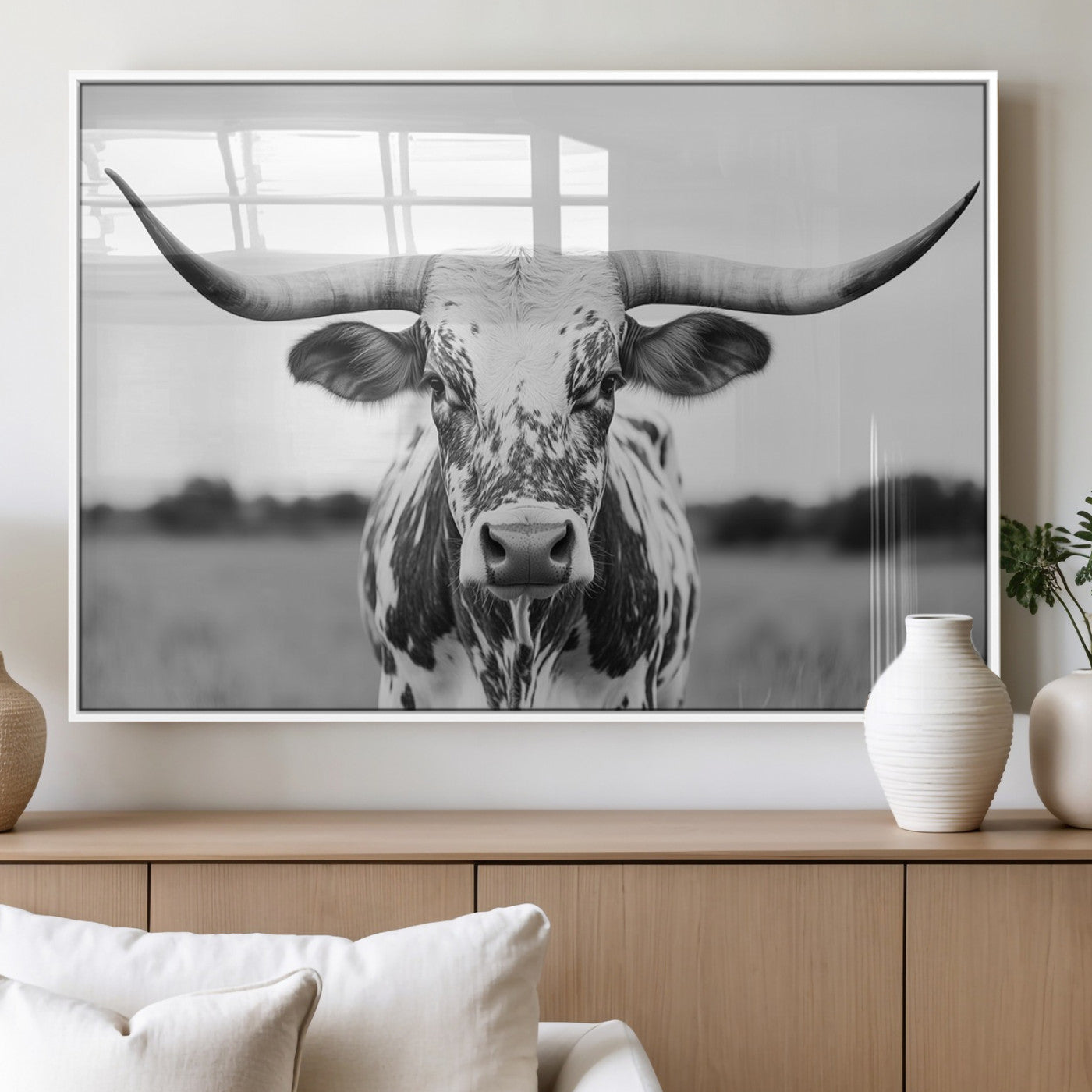 20272-MGV-FP-60X30-3P_White-Highland Cow Wall Art – Black and White Western Longhorn Canvas Print, Farmhouse Living Room Decor Southwestern Animal Artwork for