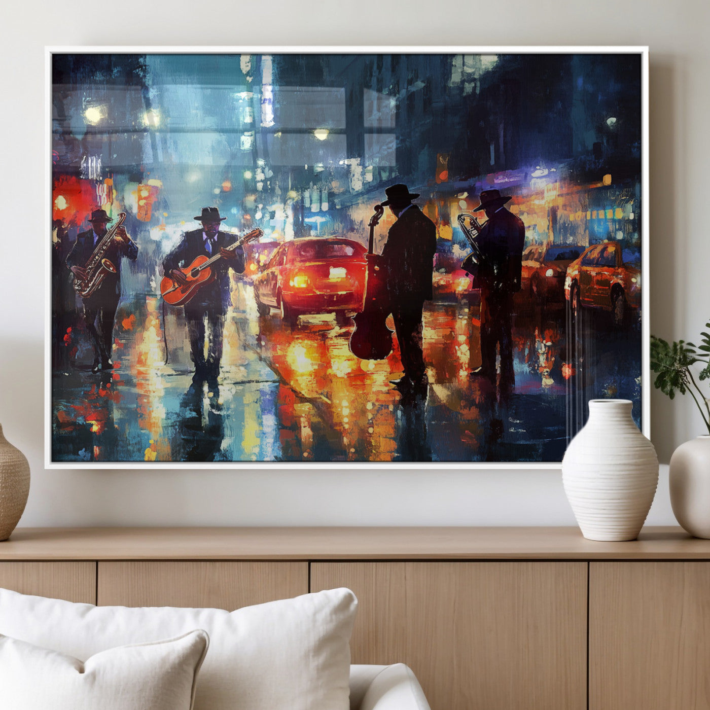 94605-MGV-FP-36X24-3P_White-City Jazz Night Wall Art – Vibrant Music Canvas Print Featuring Saxophone, Guitar and Bass Players, Urban Street Scene Artwork for